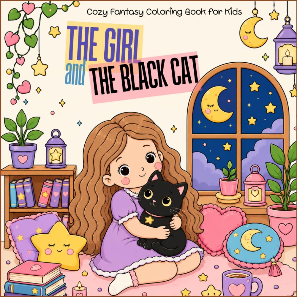 "The Girl and the Black Cat" A Cozy Fantasy Coloring Book: A Cozy Fantasy Coloring Book for Kids Filled with Magical Rooms, Stars, Moonlight, and Cute Everyday Adventures