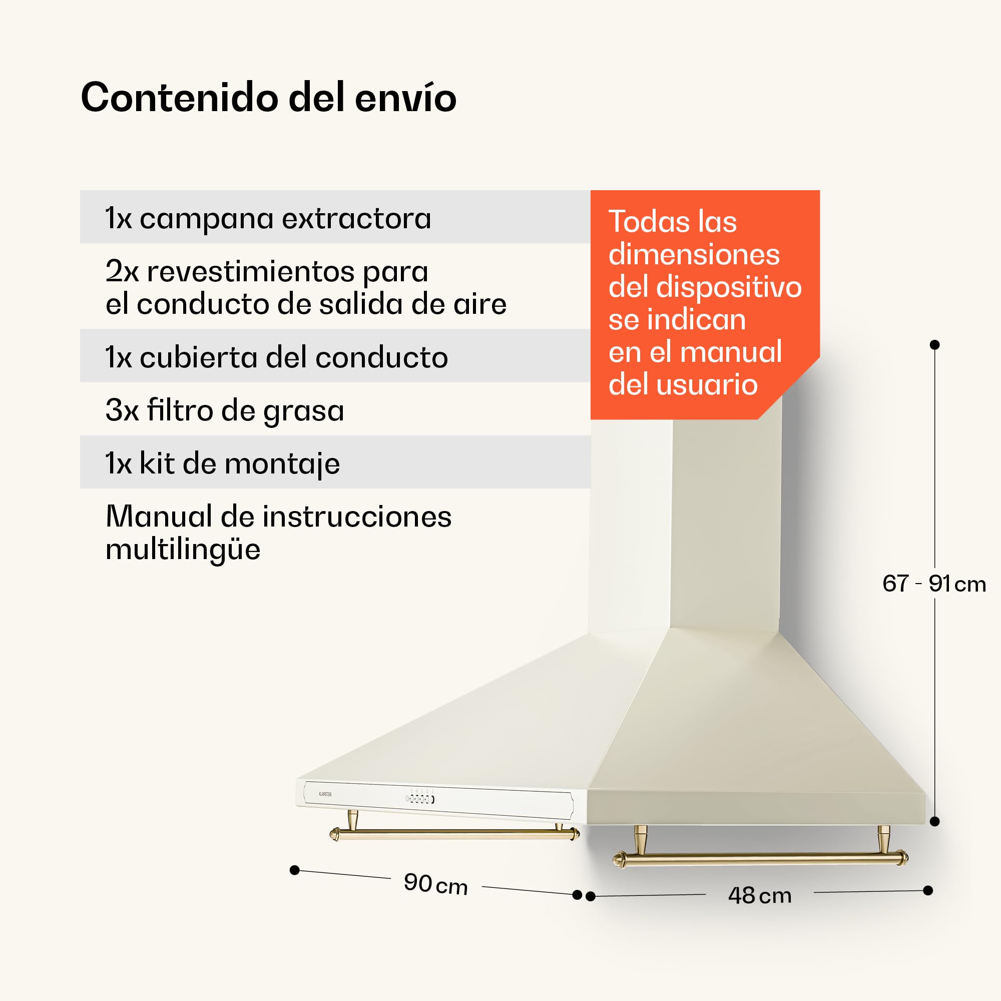 Klarstein Campana Extractora 90 cm, Extractor Cocina para Pared con Filtro Aluminio Antigrasa para Lavavajillas, Flujo Aire 645m³/h, Luces LEDs, Campanas de Cocina, Extractores con Montaje de Pared