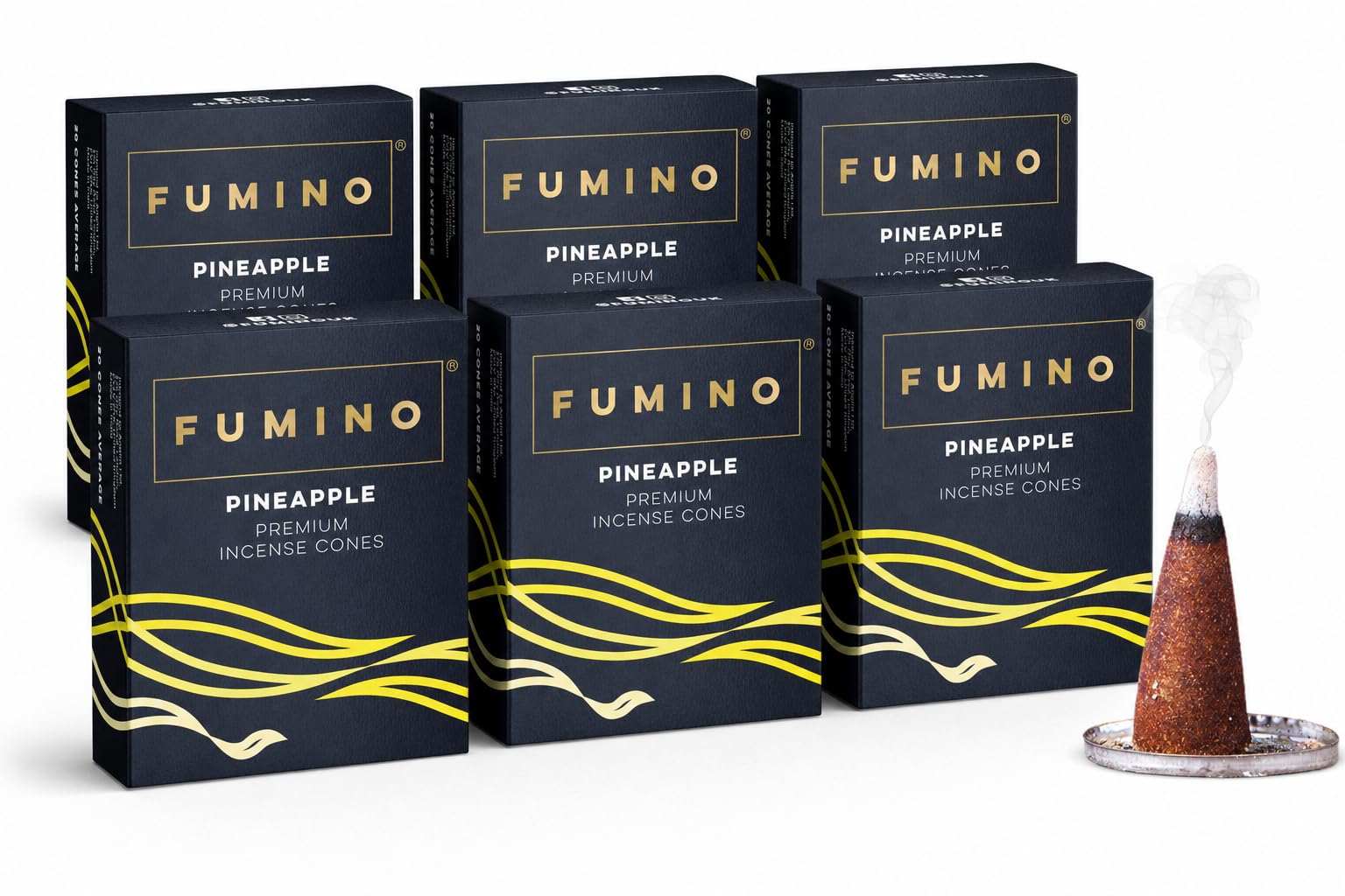 Fumino Pineapple Incense Cones 90 Pack 6 Boxes - Handmade Natural Masala Incense Cones for Meditation & Home Fragrance, Low-Smoke Bright & Fruity Scent, Bureau Veritas Certified