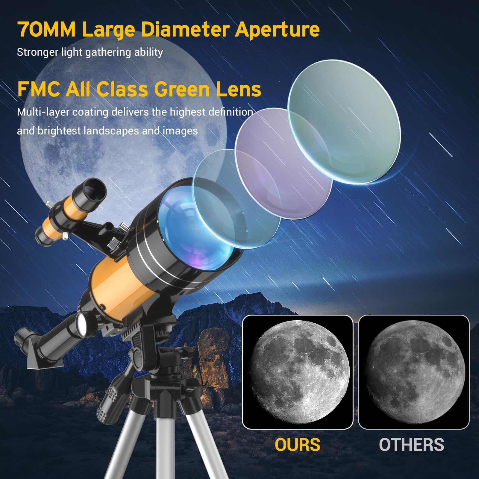 Télescope 70MM, Ouverture 400MM (20X-200X), Télescope Astronomique Réfracteur, FMC Haute Transmission, Trépied, Adaptateur Téléphone, Télécommande, Cadeaux d'astronomie pour Enfants Adultes Débutants
