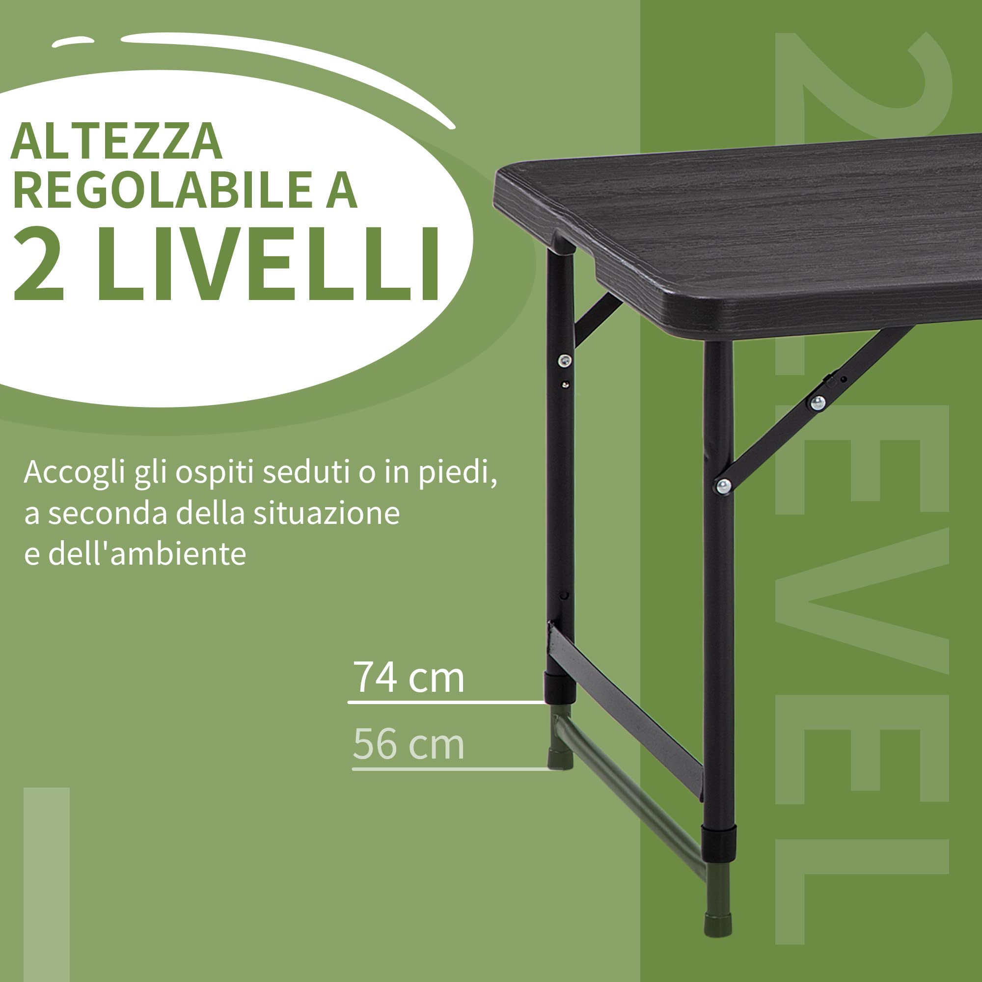 Outsunny Tavolo da Giardino Pieghevole per 4 Persone con Altezza Regolabile, in Acciaio e HDPE, 118x60x74 cm