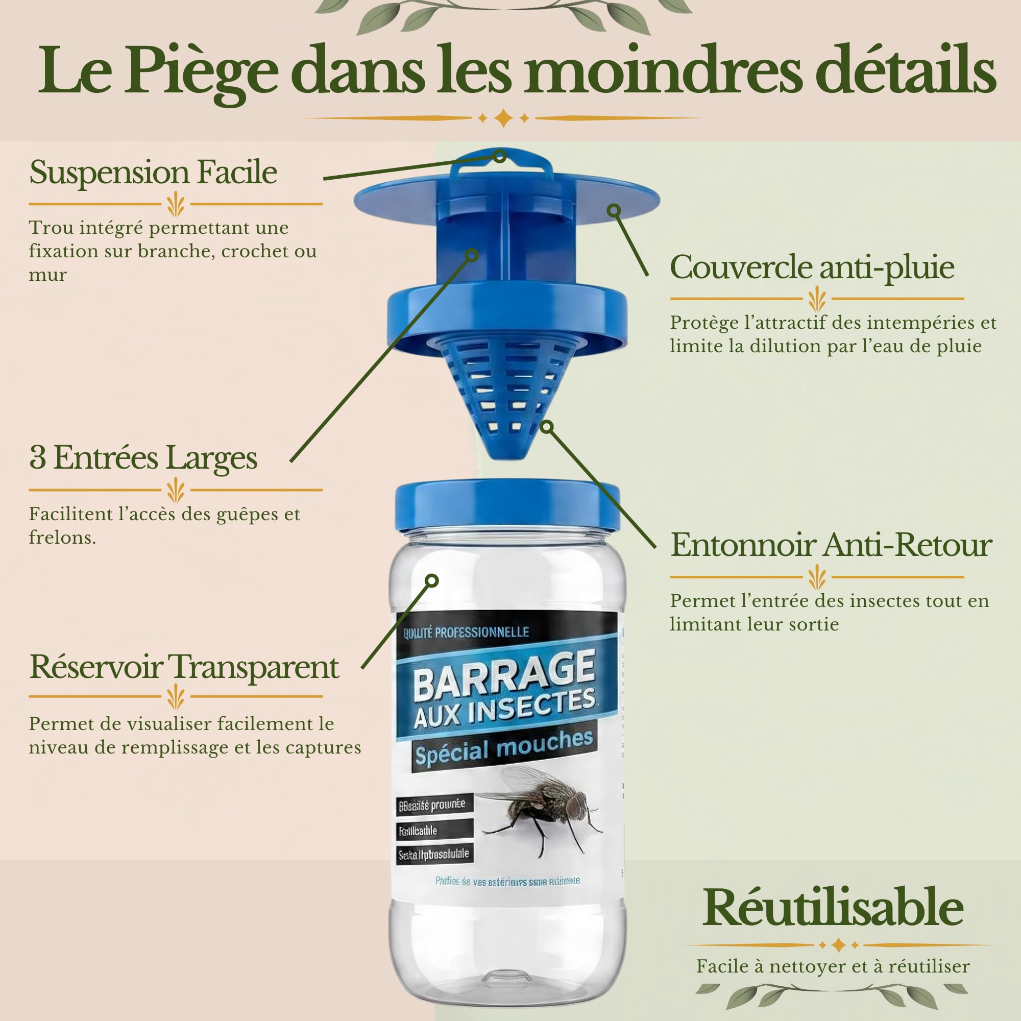 Piège à Mouche Extérieur avec Super Attractif - Appât de Qualité Professionnelle - Bouteille Piège Anti Mouche avec Entonnoir Réutilisable - Pour Jardin et Terrasse