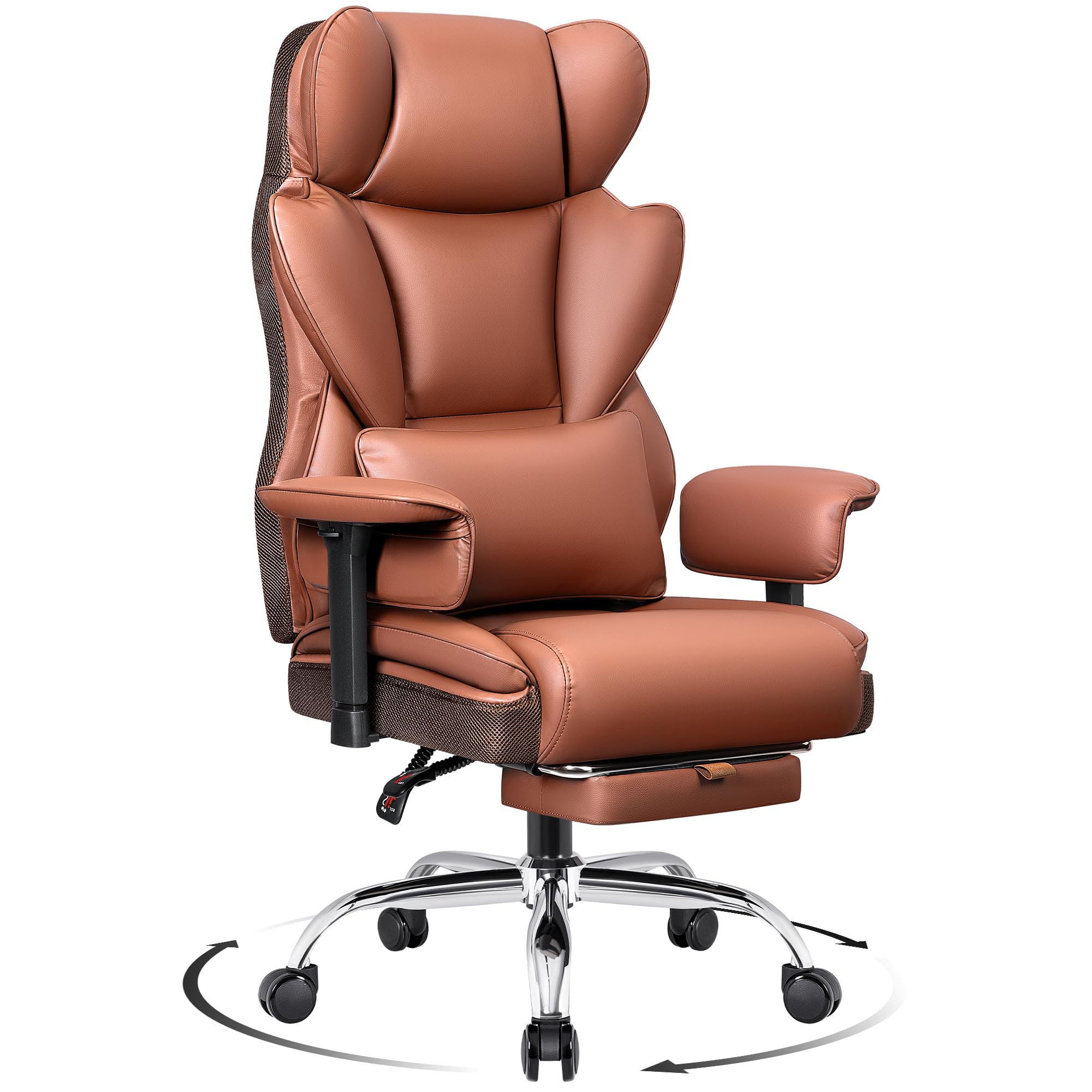 Sedia Ufficio ampia, Sedia direzionale ergonomica con poggiapiedi 165° schienale regolabile sedia gaming casa in ecopelle 150-200KG, Marrone