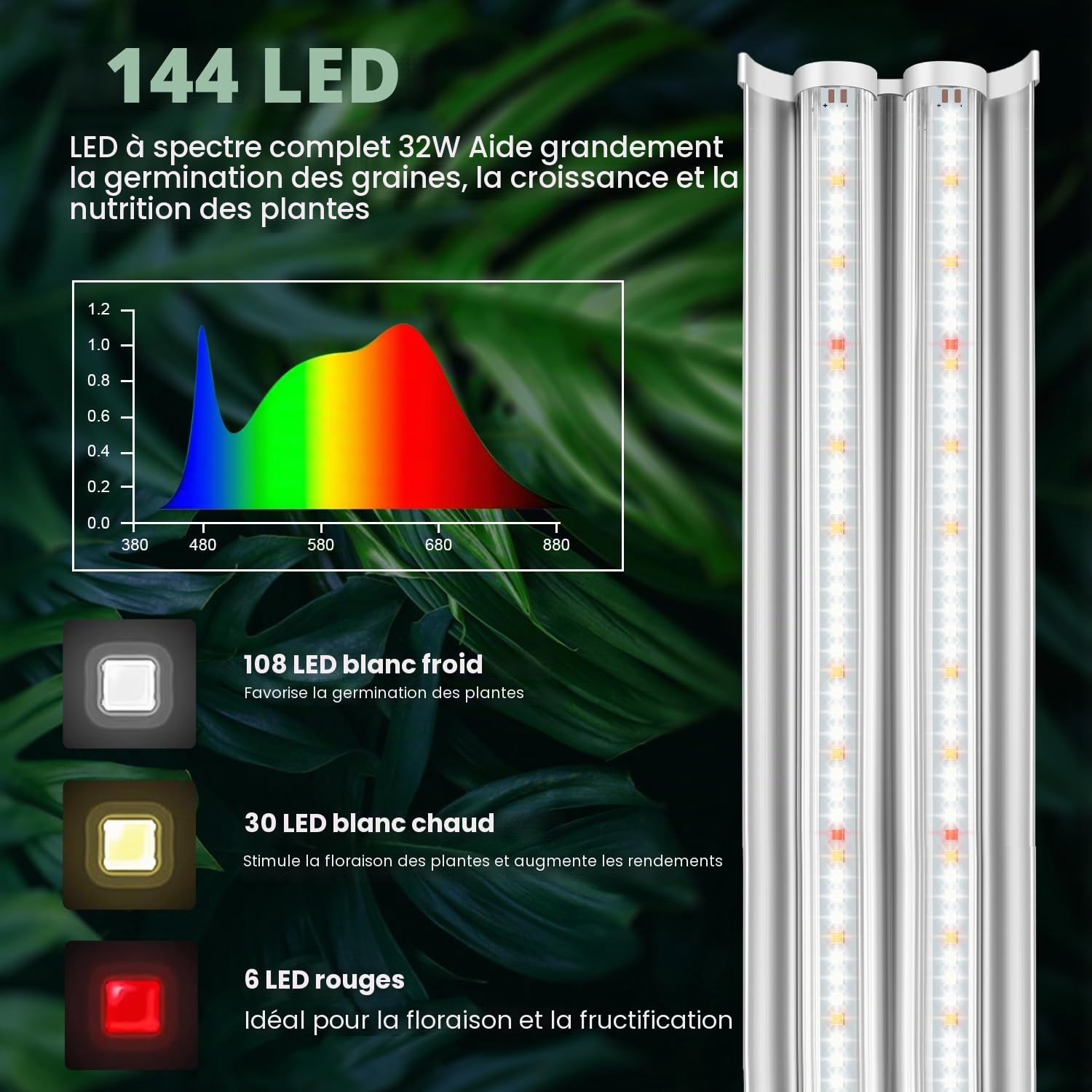 Wolezek Lampe pour Plantes LED à Spectre Complet avec Minuteur 6/9/12H, 144 LED, Lampe de Croissance T5 de 60 cm, Lampe Blanche pour Plantes, Ensemble de Lampe pour Démarrage de Semences pour Plantes