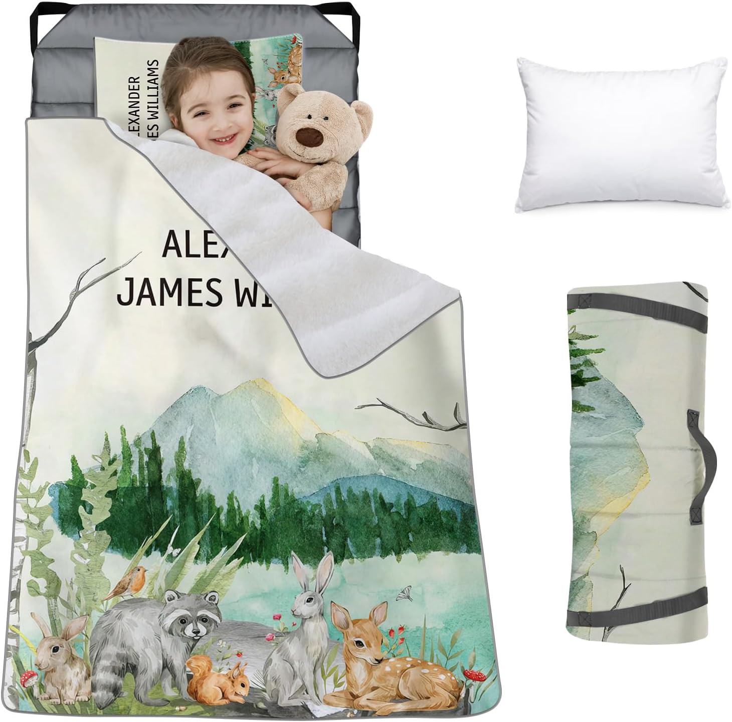 Custom Toddler Nap Mat for Preschool, Personalized Name Slumber Bags with Animals for Kids Daycare, Roll Up Sleeping Mats with Flannel Blanket & Removable Pillow for Boys Girls