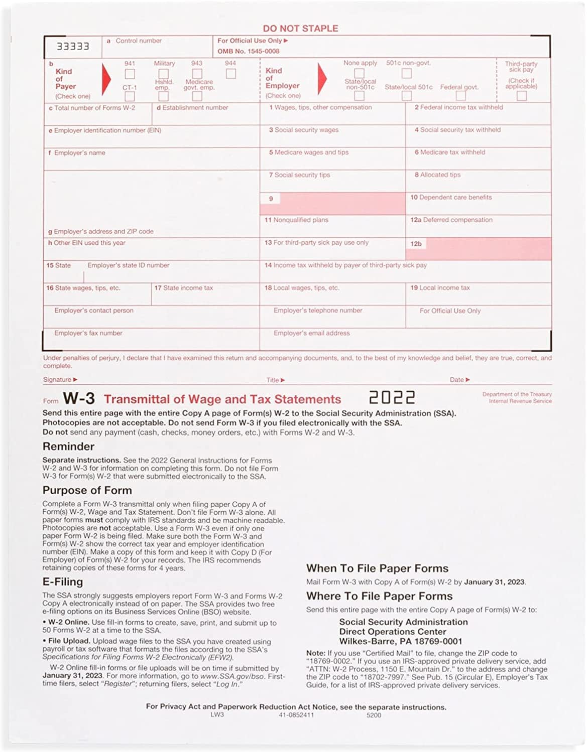 W3 Transmittal Tax Forms 2022 Summary Laser Forms for