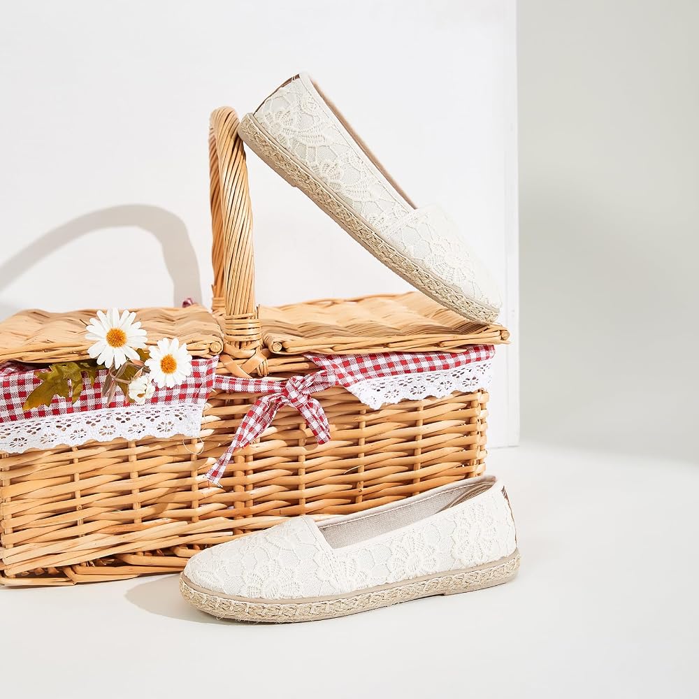 BABUDOG Women's Flats with Flower Embroideried,White Lace Ballet Flats,Comfortable Dress Flats