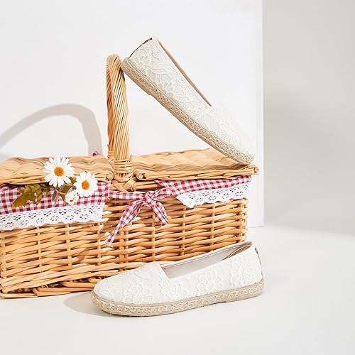 Miniatura 9 de BABUDOG Zapatos planos para mujer con bordado de flores, zapatos de ballet de encaje blanco, zapatos planos elegantes y cómodos