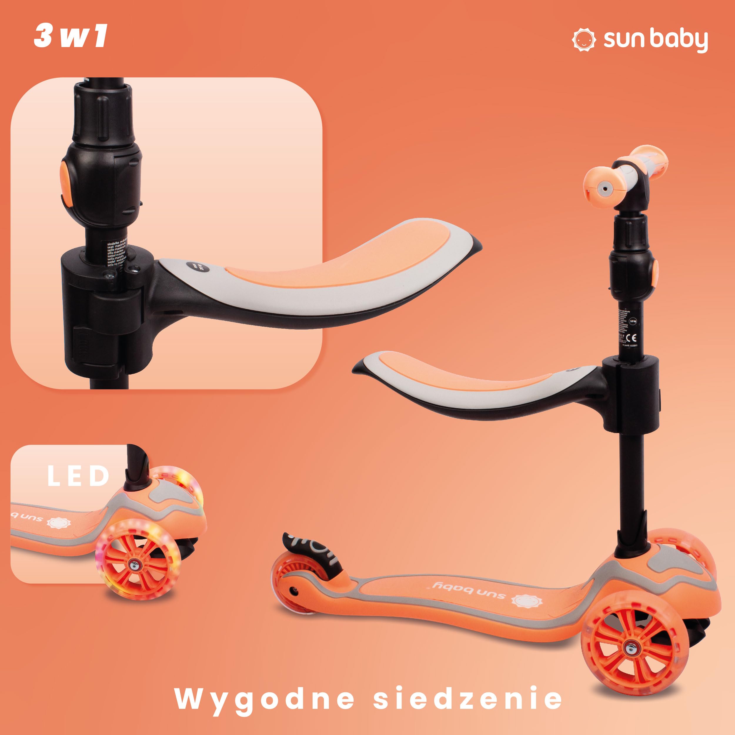 SUN BABY Hulajnoga 3-Kołowa dla Dzieci od 3 Roku Koła LED Regulowana | regulowana kierownica, skuter dziecięcy, stabilna konstrukcja, zabawa na świeżym powietrzu, rozwój równowagi