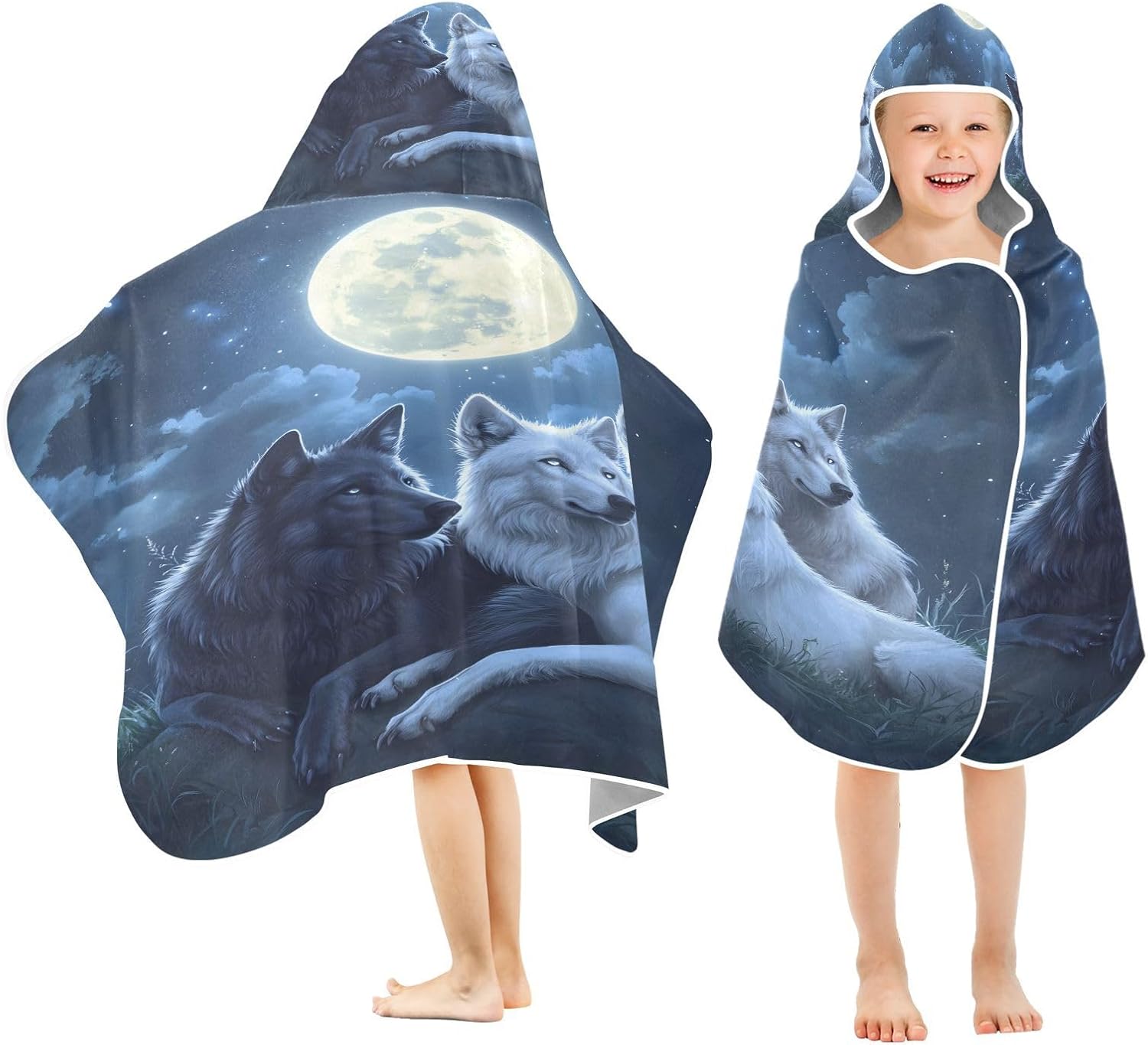 Animal Wolf Moonlight Stars Kids Bath Towels Hooded Poncho, 50x23.5in Quick Dry Beach Towels for Boys Girls Toddlers, Soft Absorbent Baby Bath & Hooded Towels Cape for Swimming Bathroom