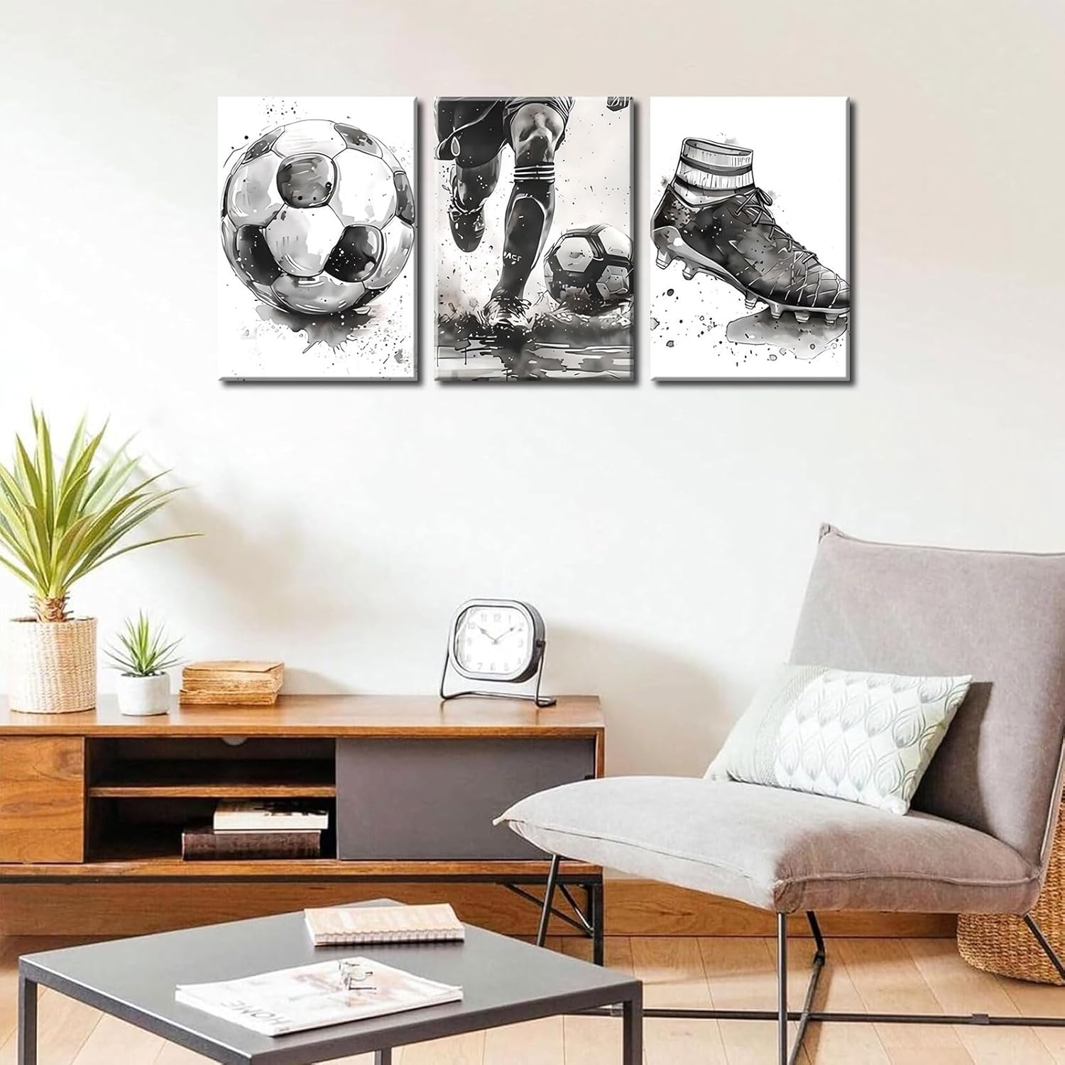 3Pcs Soccer Canvas Wall Art Black and White Football Decor pictures Modern Sports Theme Poster Prints for Stadium Boys Room Locker Room Living Game Room Home Decoration - Image 3