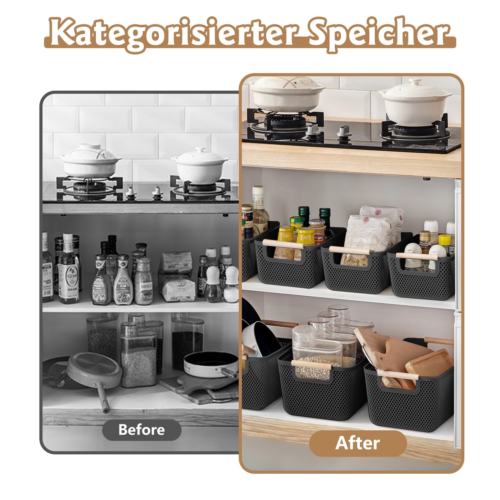 Set di 6 contenitori (3 grandi 35 x 22,5 x 16,2 cm + 3 medie 30 x 20,4 x 14,2 cm) – Cesto portaoggetti da cucina senza coperchio in plastica traspirante con manici in legno per bagno