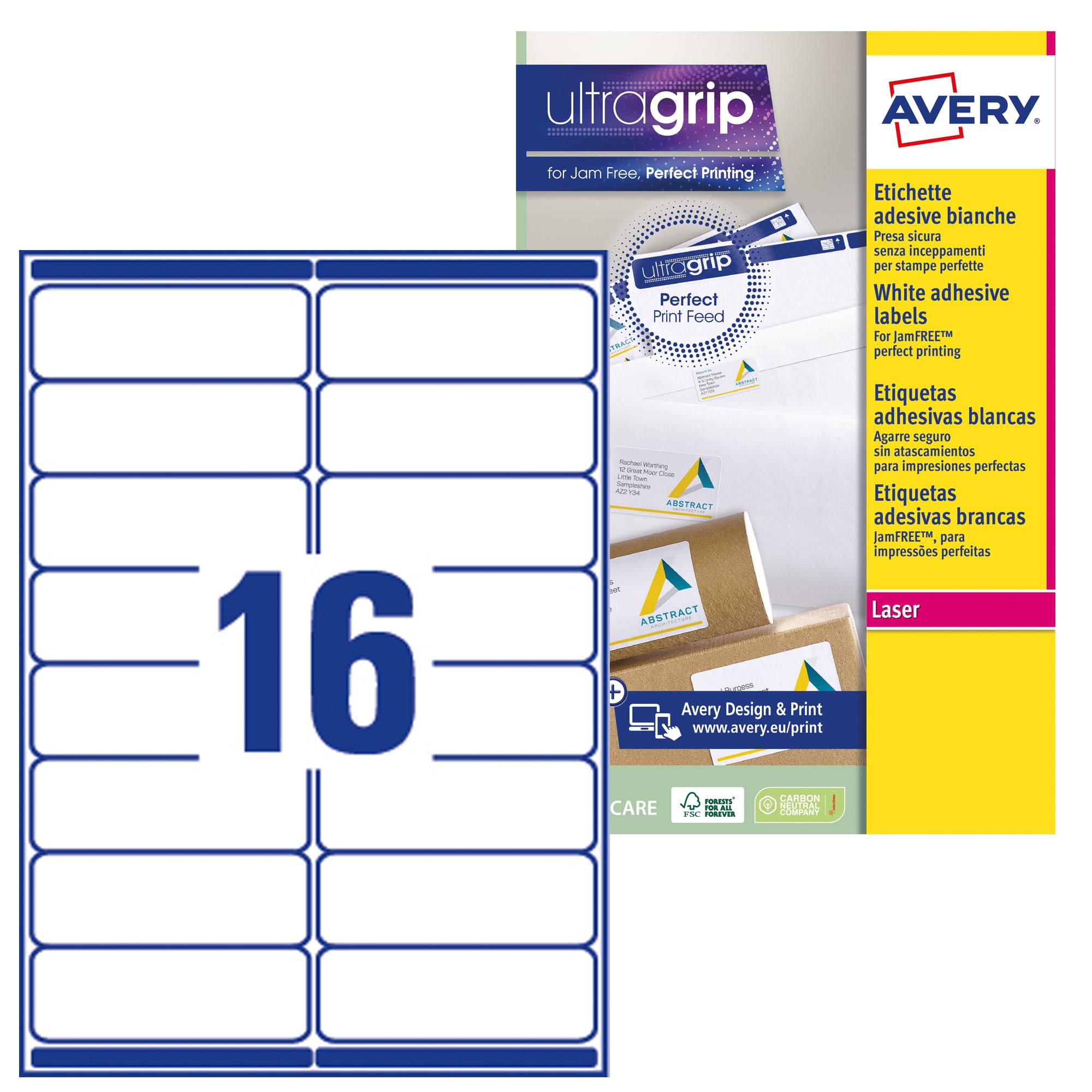 Avery Italia L7162-250 Etichette adesive in carta bianca, 250 fogli A4, rettangolari 99,1x33,9mm, 16 etichette per foglio, adesivo permanente, stampanti laser