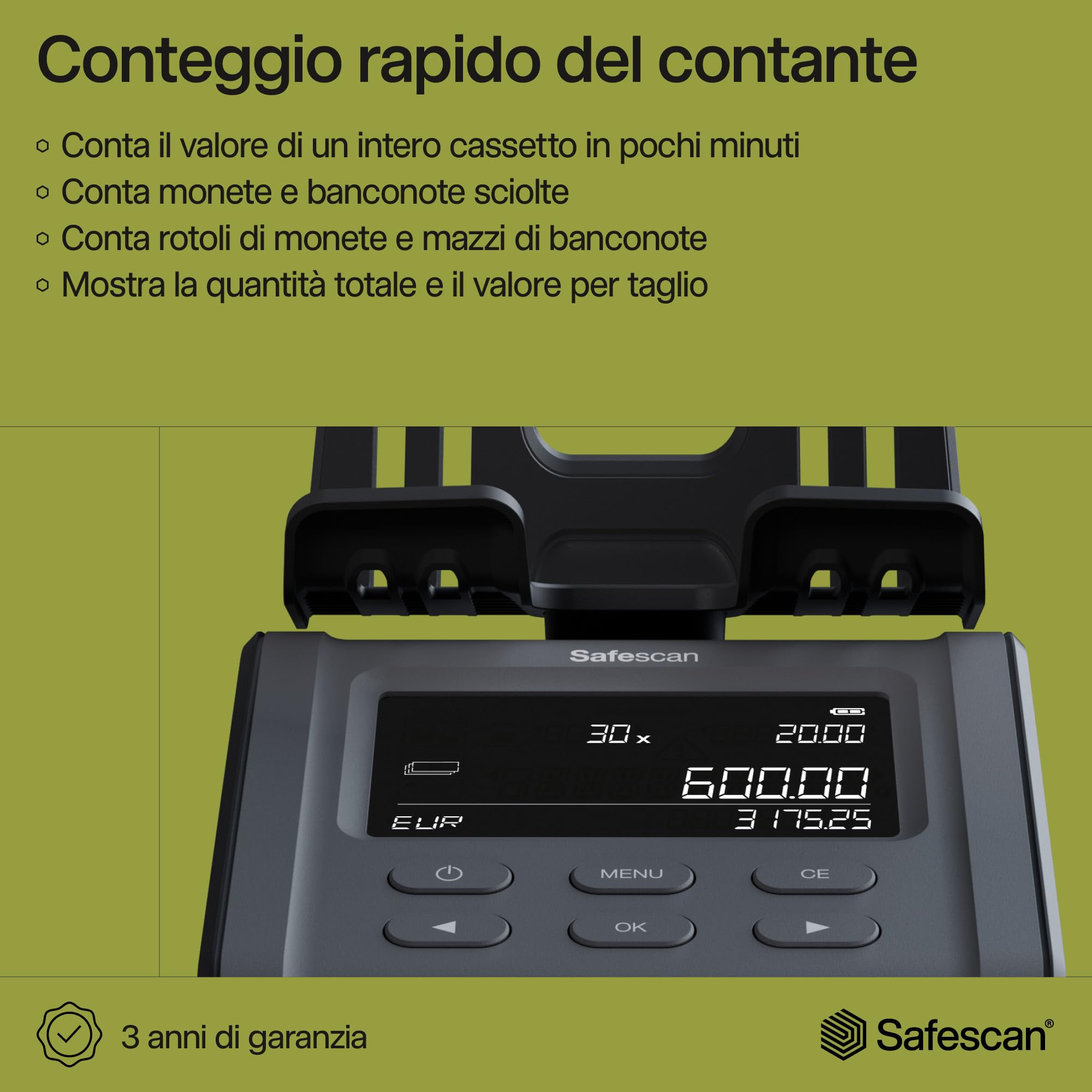 Safescan 6165 Macchina contasoldi che conta monete e banconote, Contamonete con riconoscimento automatico del rotolo di monete, Bilancia conta soldi per un conteggio semplice e veloce delle casse