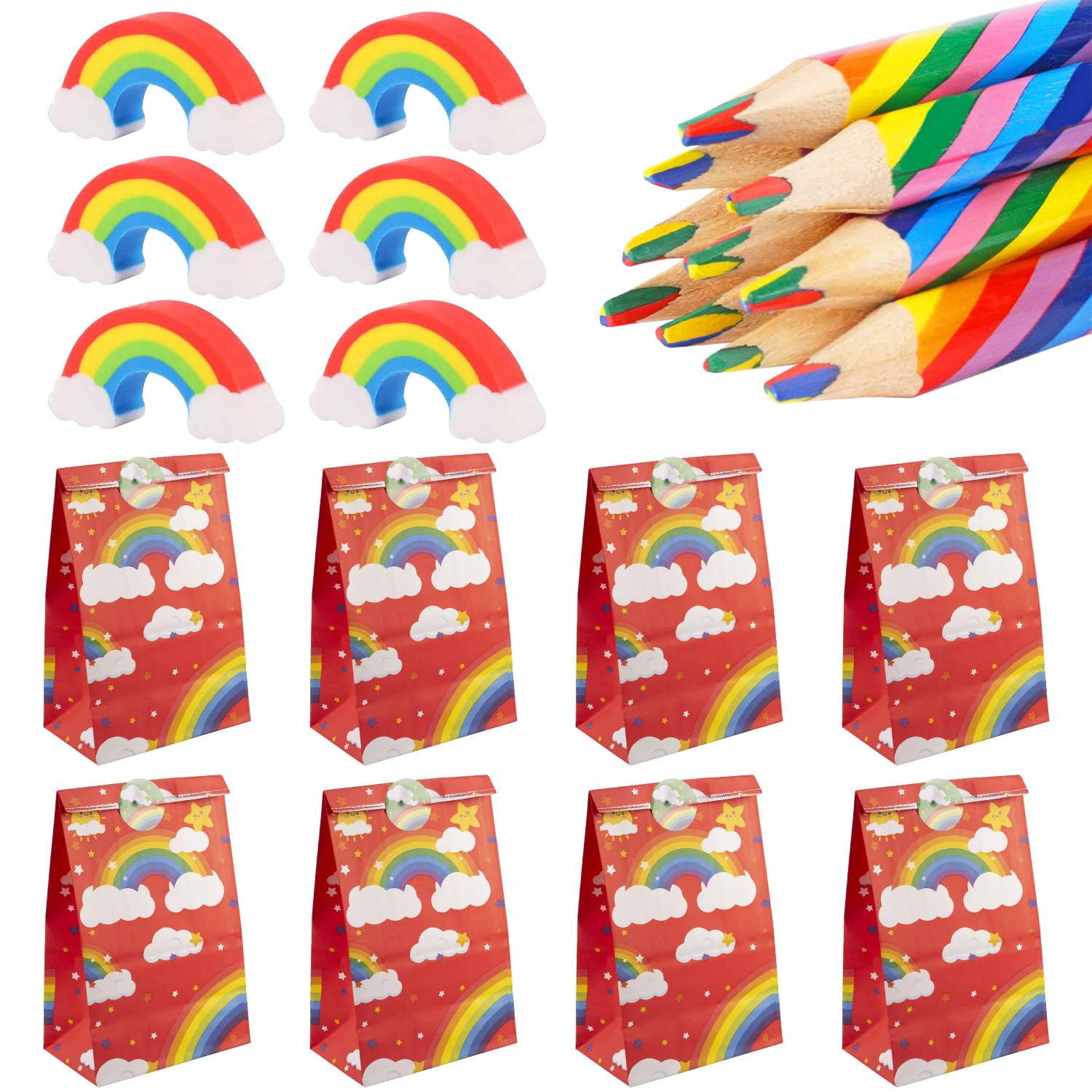 Lot De 30 Crayons Arc-en-ciel – 15 Crayons Multicolores + 15 Gommes Assorties – Cadeau Anniversaire Enfant – Sac D’école