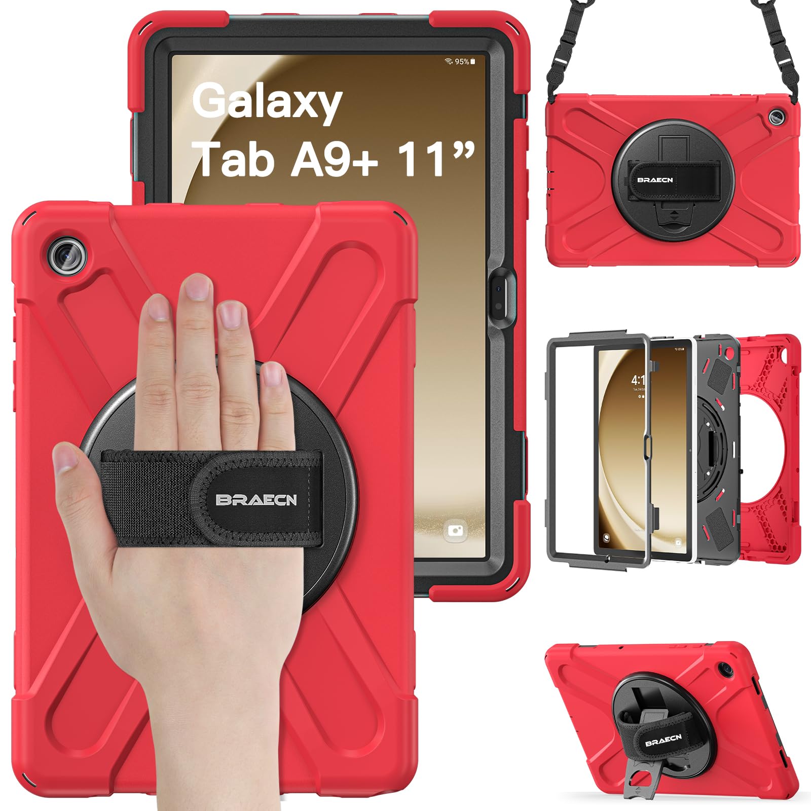BRAECN für Samsung Galaxy Tab A9+ Plus Hülle 11 Zoll 2023, Stoßfeste Robuste Tragbare Schutzhülle mit 360° Drehbarem Ständer undHandgurt, Schultergurt, Stifthalter für SM-X210/X216/X218, Rot