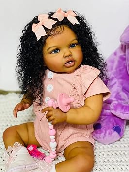 Angelbaby Black Baby Dolls Sweet Realistic Reborn Toddler Girl Doll 24 Inch African American Newborn Silicone Babys Doll with Hair Brown Skin Mixed Race Soft Cloth Babies Biracial Dolls for Girls