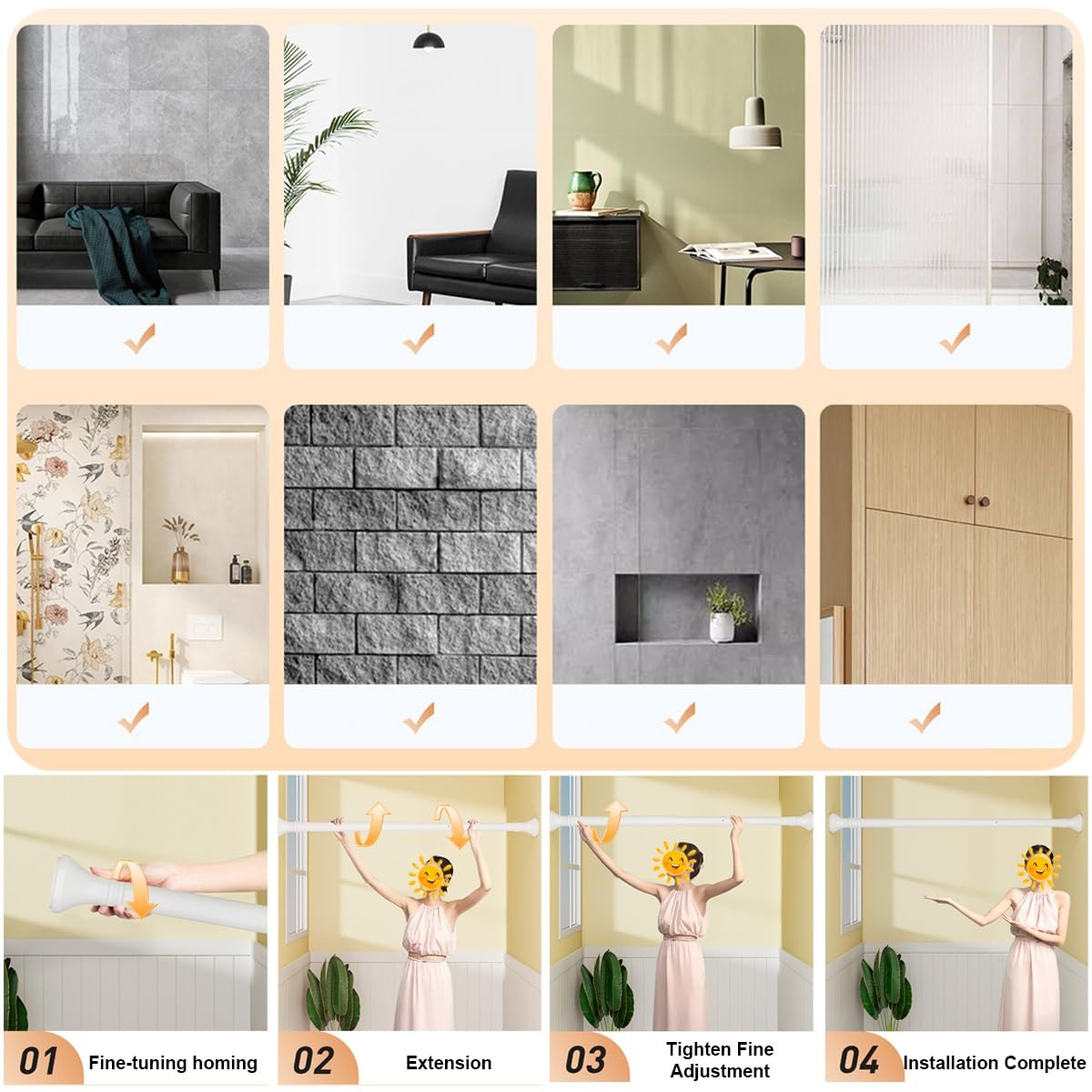 Exble Barra de ducha ajustable sin taladro Ø 3 m para armario de baño (SUS 110190 cm4474 pulgadas)