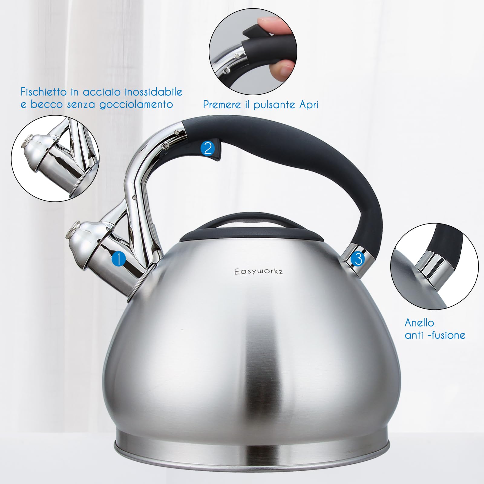 Easyworkz Bollitore a Fischio in Acciaio Inossidabile per Fornelli e Induzione (2,3 l, Argento)