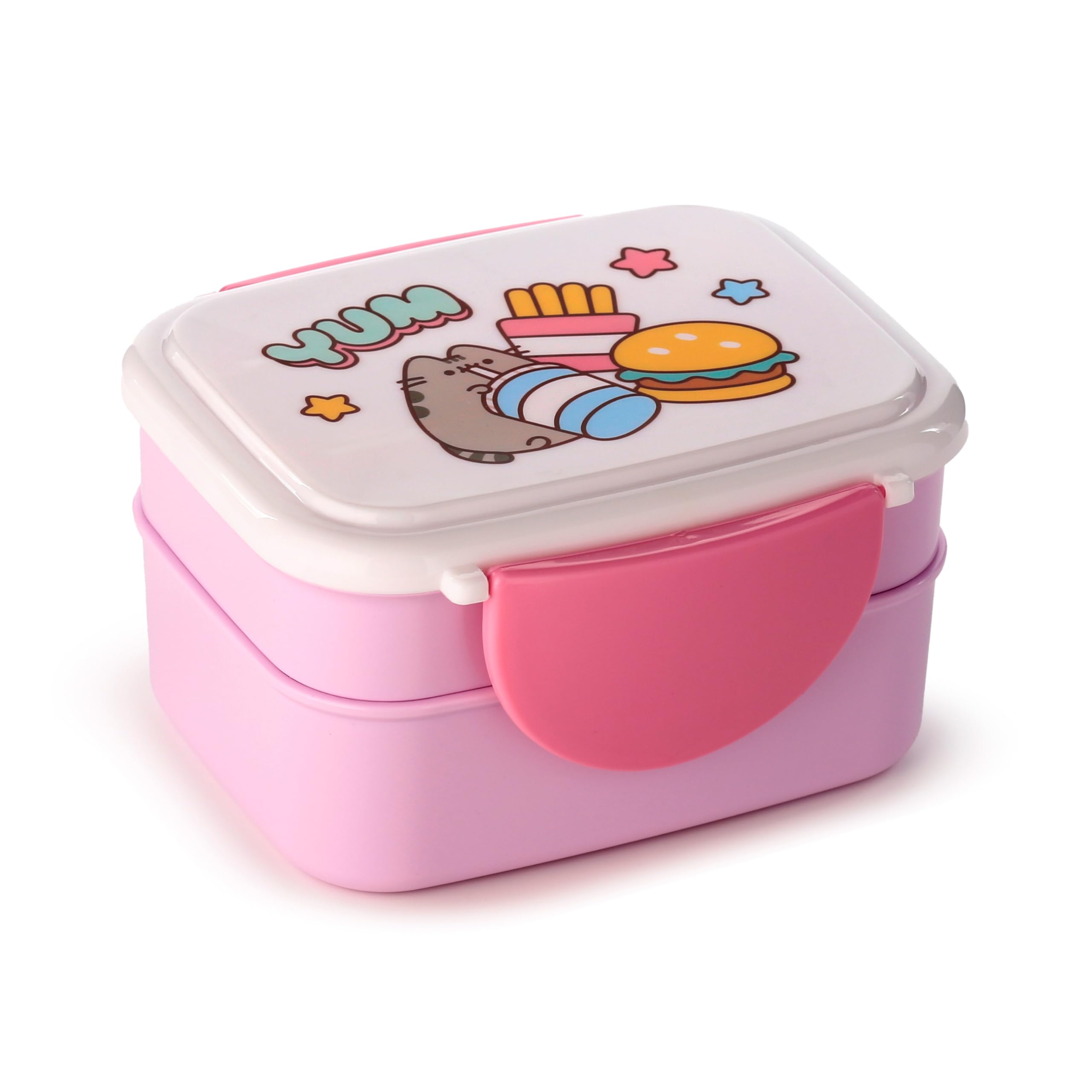 Puckator Pusheen The Cat Foodie Clip Lock Stacked Bento Lunch Box with Cutlery - for Adults and Kids with Compartments - Snack Box - Food Containers with Lids Stackable Snack Pots for Kids Meal Prep