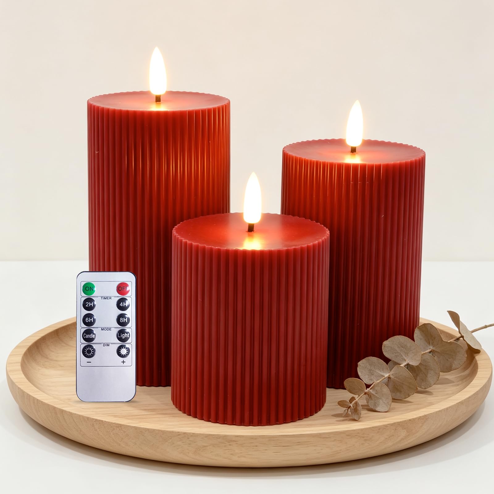 Set di 3 Candele LED, Candele Flickering Flameless, LED tea lights Tremolante con Telecomando e Funzione Timer, Finte a Batteria Stoppino di Candela 3D per Festa/Matrimonio/Hotel (Rosso)