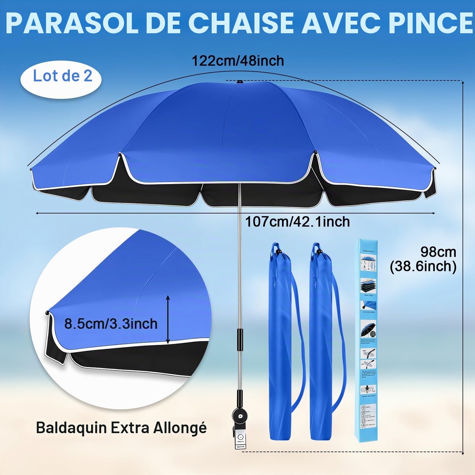 panthem Lot de 2 parasols de plage pour chaise avec support de serrage, UPF 50+ réglable à 360°, parasol de plage compact pour chaise de plage, chaise longue, chaise de camping, fauteuil roulant