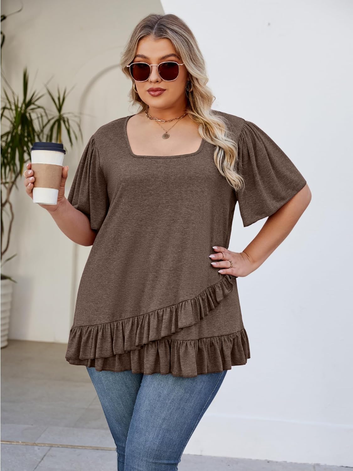 Womens Plus Size Tops Dressy Casual Blouses Square Neck Ruffle Hem Tunic Summer Going Out Shirts Short Sleeve 2025 - Image 7