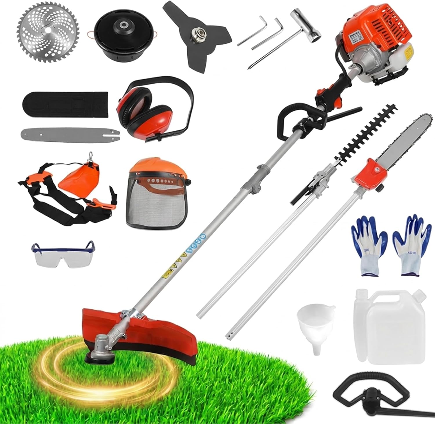 52cc Gas Powered Weed Eater, 5-in-1 Gas Weed Wacker Garden Tool with Long Reach Extension Pole, Powerful 2-Stroke Brush Cutter Hedge Trimmer Chainsaw Grass Strimmer Full Guard Accessories Set (5-in-1)