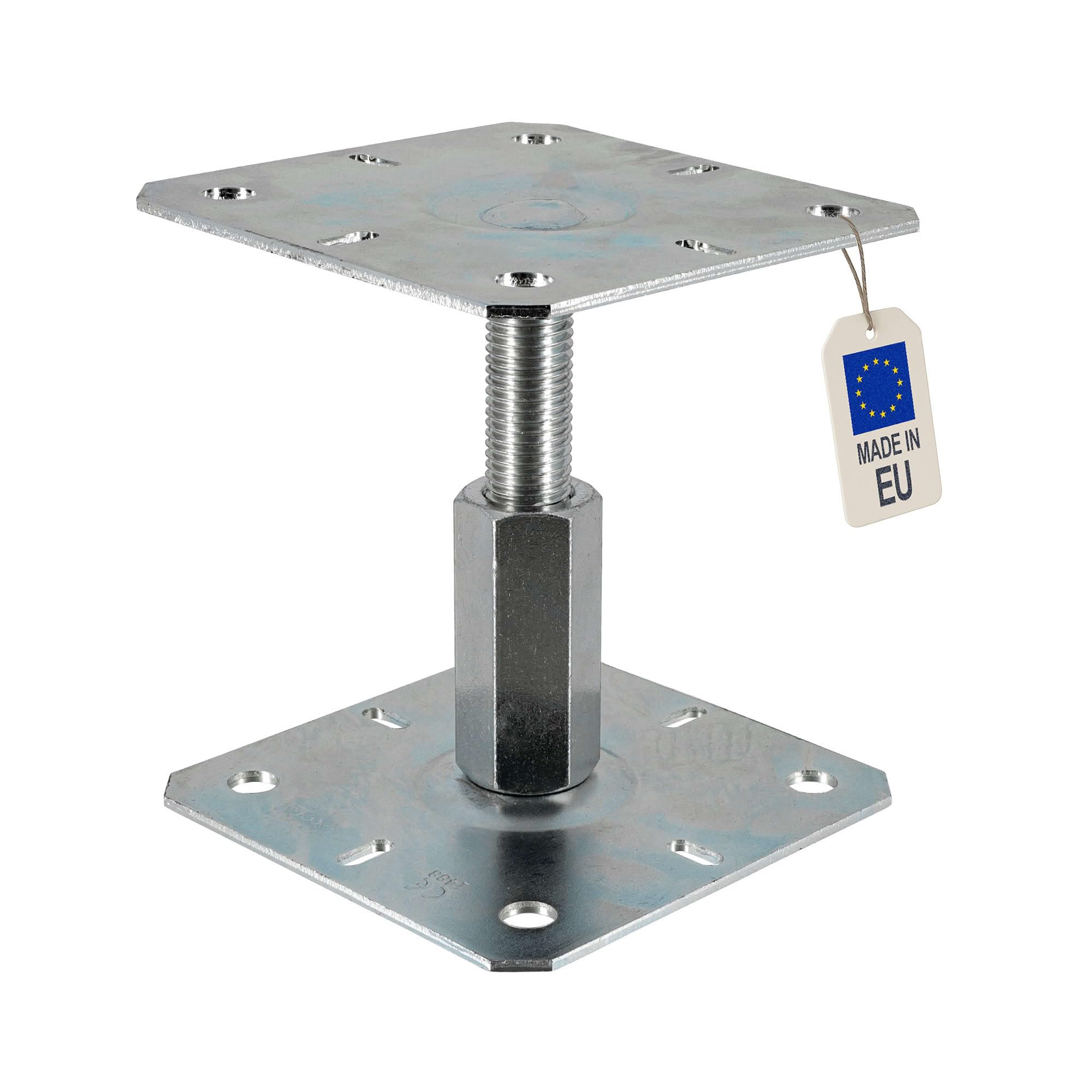 4 embases pied de poteau réglables - Platine 130x130mm - M20 - Acier galvanisé à chaud - Ht100 à 150 mm - Fabrication Européenne
