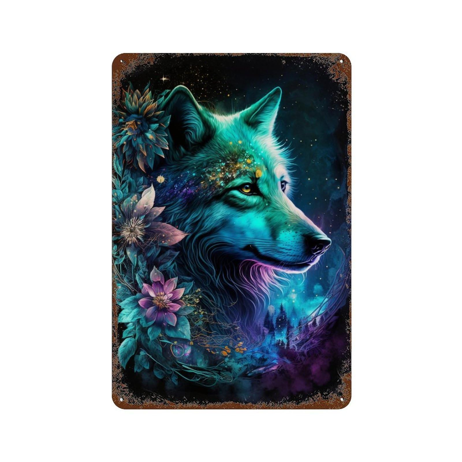 Aged Metal Wall Plaque with Enchanted Wolf Fantasy Art Print Design 11.8"x7.9", for Shed, Workshop And Garage Wall Decor, Decorative Metal Wall Art