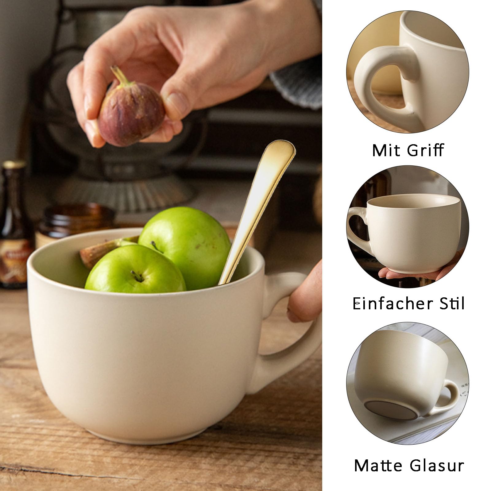 Groß Tasse Müslischalen mit Henke, 800ml Kaffeetass Groß Keramik, Kaffeetass großs Keramik mit Löffee, Suppenschüssel mit Henkel, für Milch, Müsli, Obst, Eiscreme, Hellgelb