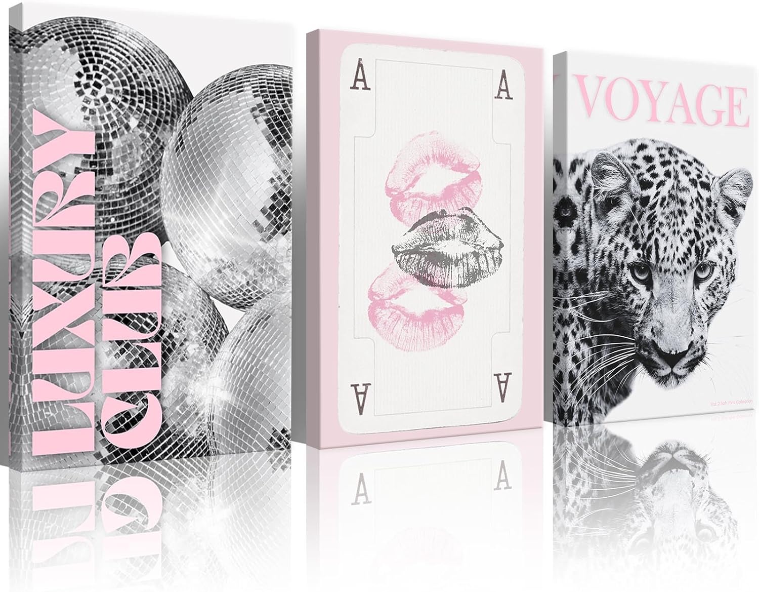 3Pcs Pink Lip Prints Poker Canvas Wall Art，Trendy Disco Ball Poster Print, Black And White Cheetah Wall Decor For Girly Room Apartment Dorm 16X24 in Wrapped Framed Ready To Hang
