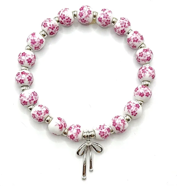 Vintage Beaded Charm Bracelet for Women - Handmade Stretch Floral Bow Design, Dainty Jewelry Gift for Her, Adjustable Romantic Bracelets for Everyday Wear