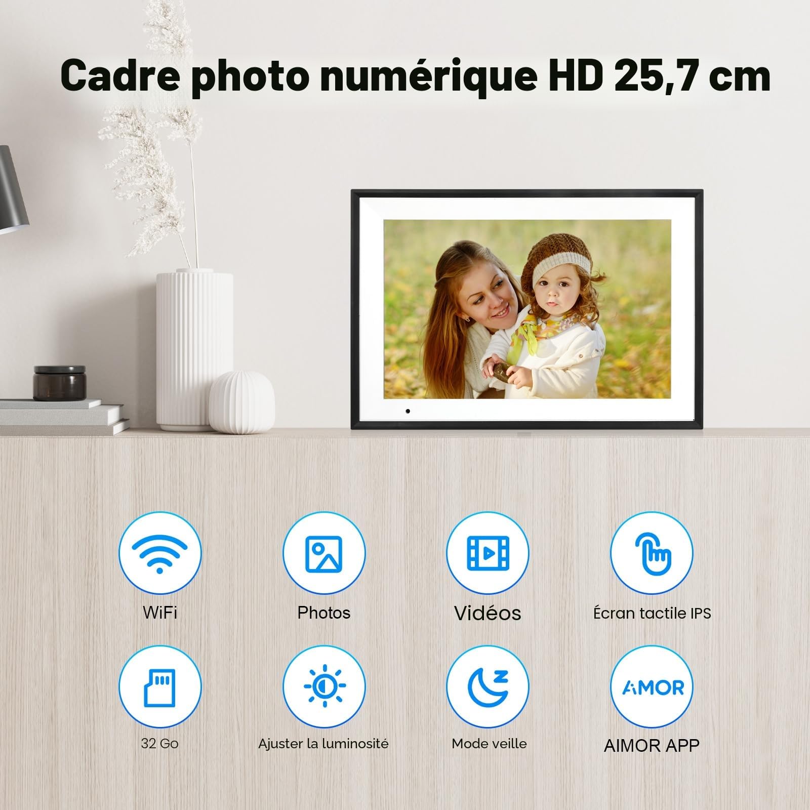 Cadre Photo Numérique WiFi Anna Bella 10,1 Pouces, Cadre Électronique 1280x800 HD, 32GB, Rotation Automatique, Écran Tactile Intelligent, Configuration à Distance Facile Via l'App AiMOR