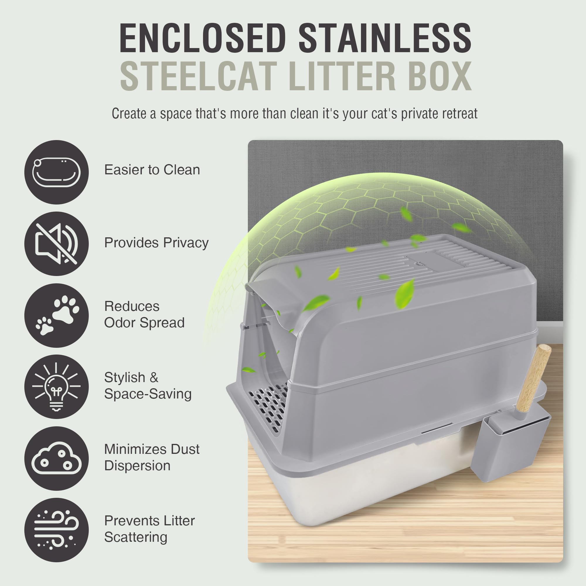 2 Pack TIPOOP XL Stainless Steel Enclosed High Sided Cat Litter Box with Lid, 24'' L &times; 16'' W &times; 17'' H - Odor Control & Easy Cleaning,Non-Sticky, Include Litter Scoop,Grey - image 5