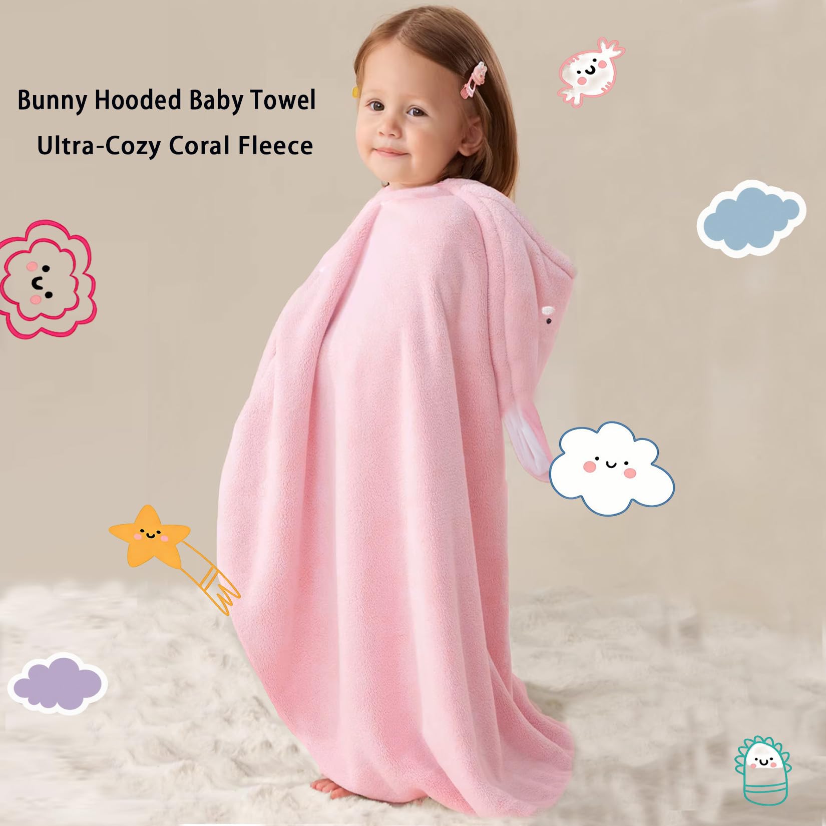 Toalla de baño para niños pequeños, toallas de bebé con capucha, 27.5 x 55 pulgadas, ultra absorbente, suave, toalla de ducha para niños y niñas (rosa arcoíris)