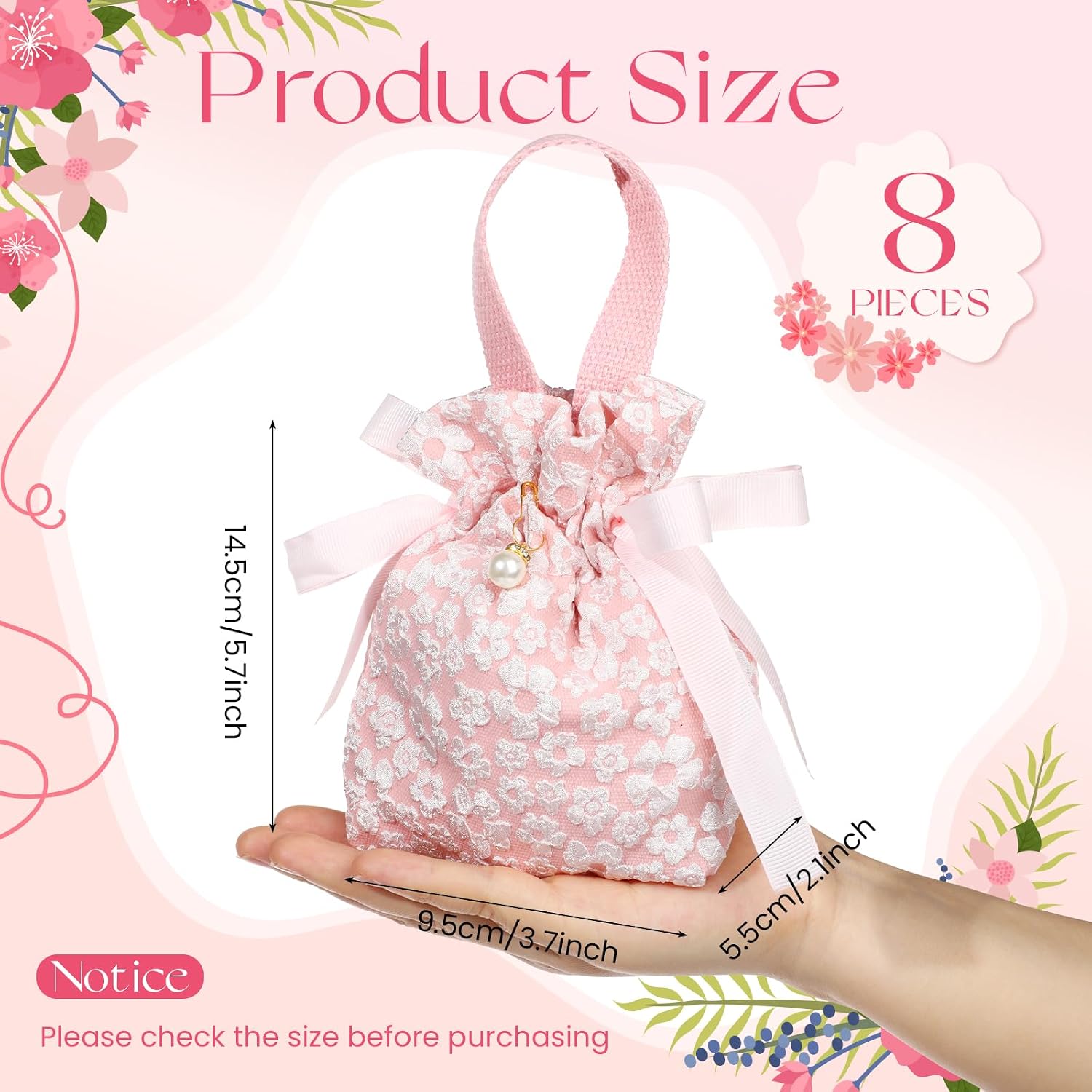 Liobelon 8 Pieces Small Floral Gift Bags, Canvas Pink Gift Bags, Tea Party Favor Bags With Handle, Mini Drawstring Treat Gift Pouches for Baby Shower, Bridal Shower, Birthday, Wedding (pink) image 3