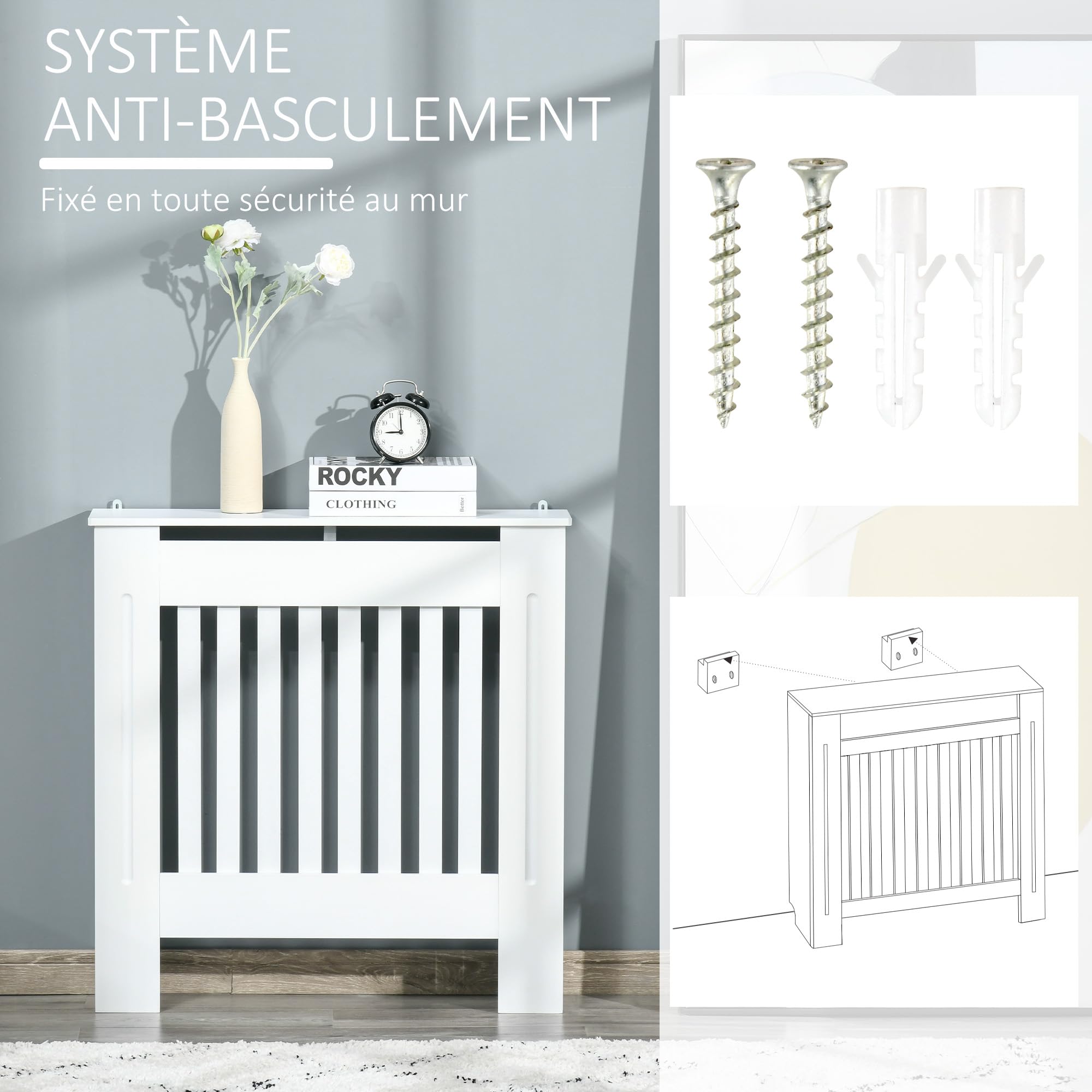 HOMCOM Cache-radiateur Couverture Radiateur 78L x 19l x 81H cm Blanc | Grille d'aération Verticale à Lattes, En Bois