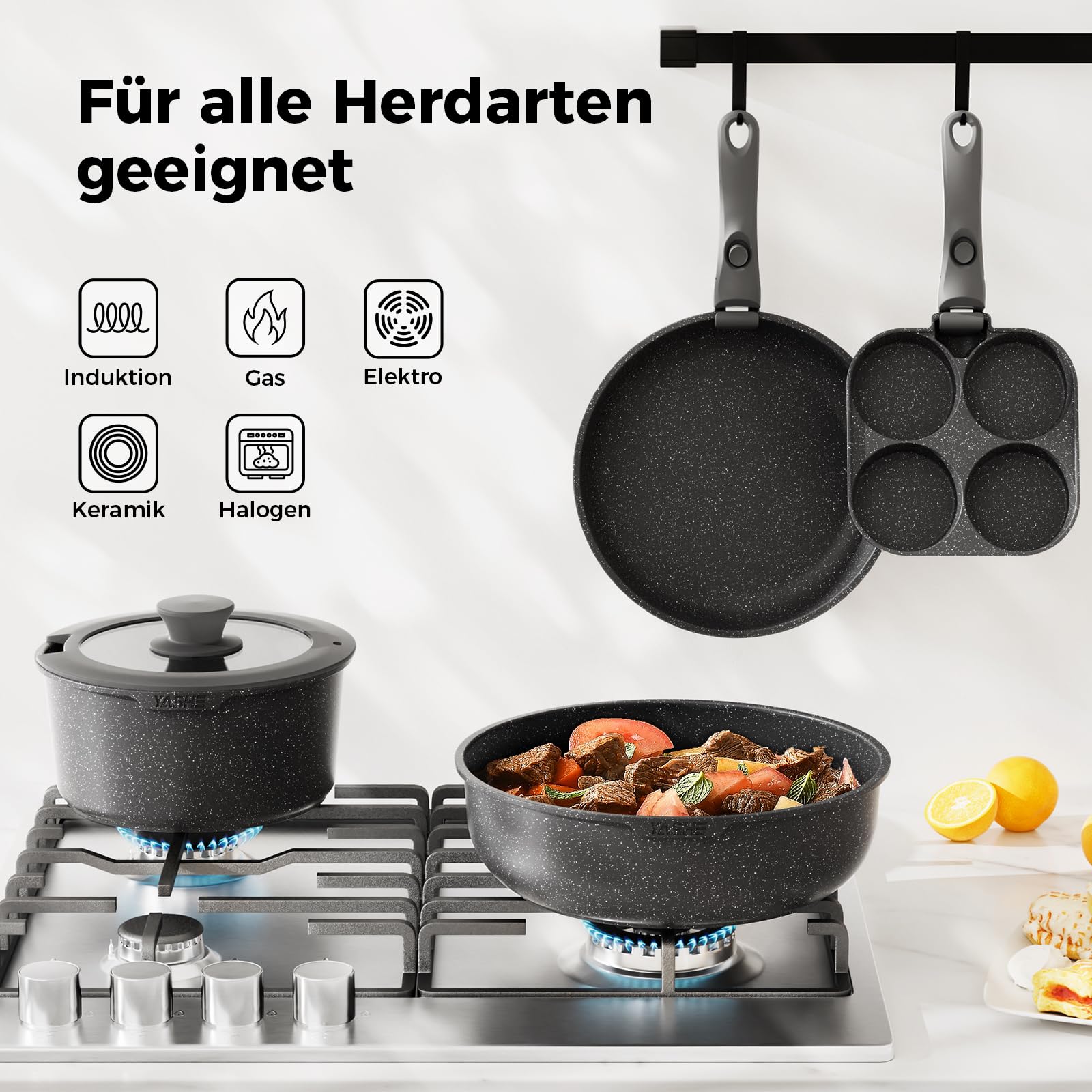YASHE 20-teiliges Topfset mit Antihaftbeschichtung, abnehmbare Griffe, induktionsgeeignet, Backofen bis 230 °C, spülmaschinenfest, stapelbar, ideal für Familien, Grau