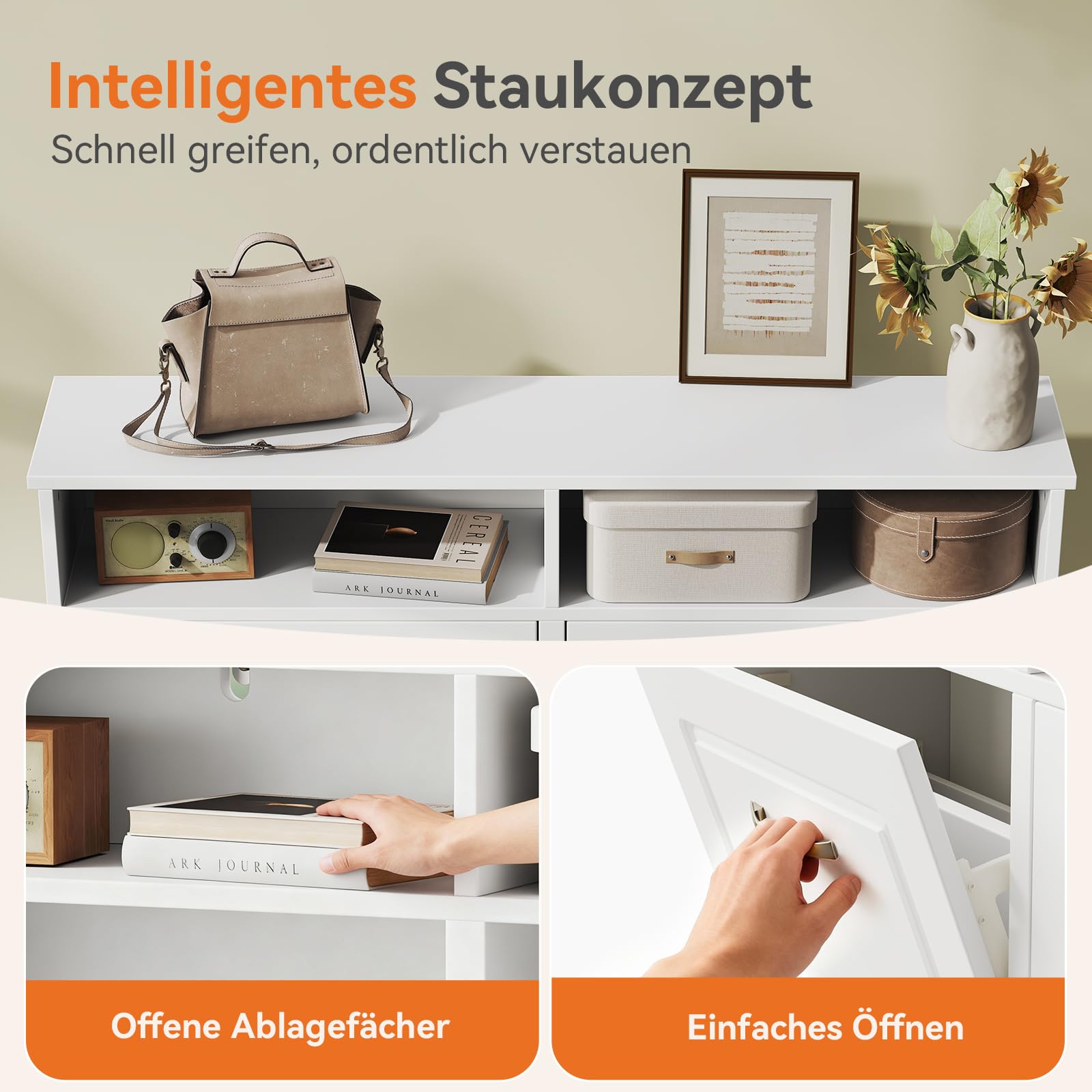 Sweetcrispy Schuhschrank mit 4 Klappen, schmaler Schuhkipper mit offenen Ablagefächern, verstellbare Trennwände, platzsparend für Flur/Diele/Eingang, 104 x 90 x 24 cm, Weiß