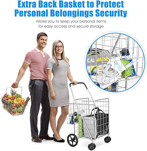 Miniatura 4 de Hysache - Carrito de compras plegable con ruedas delanteras giratorias, carrito rodante con pasamanos de plástico, resistente y ligero, uso