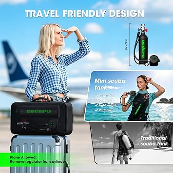 DEDEPU Mini Scuba Tank, 1L Dive Portable Lung Air Tank with Snorkel Mask, Underwater Breathing Diving Gear, Backup Air Cylinder Emergency Rescue Pony Bottle