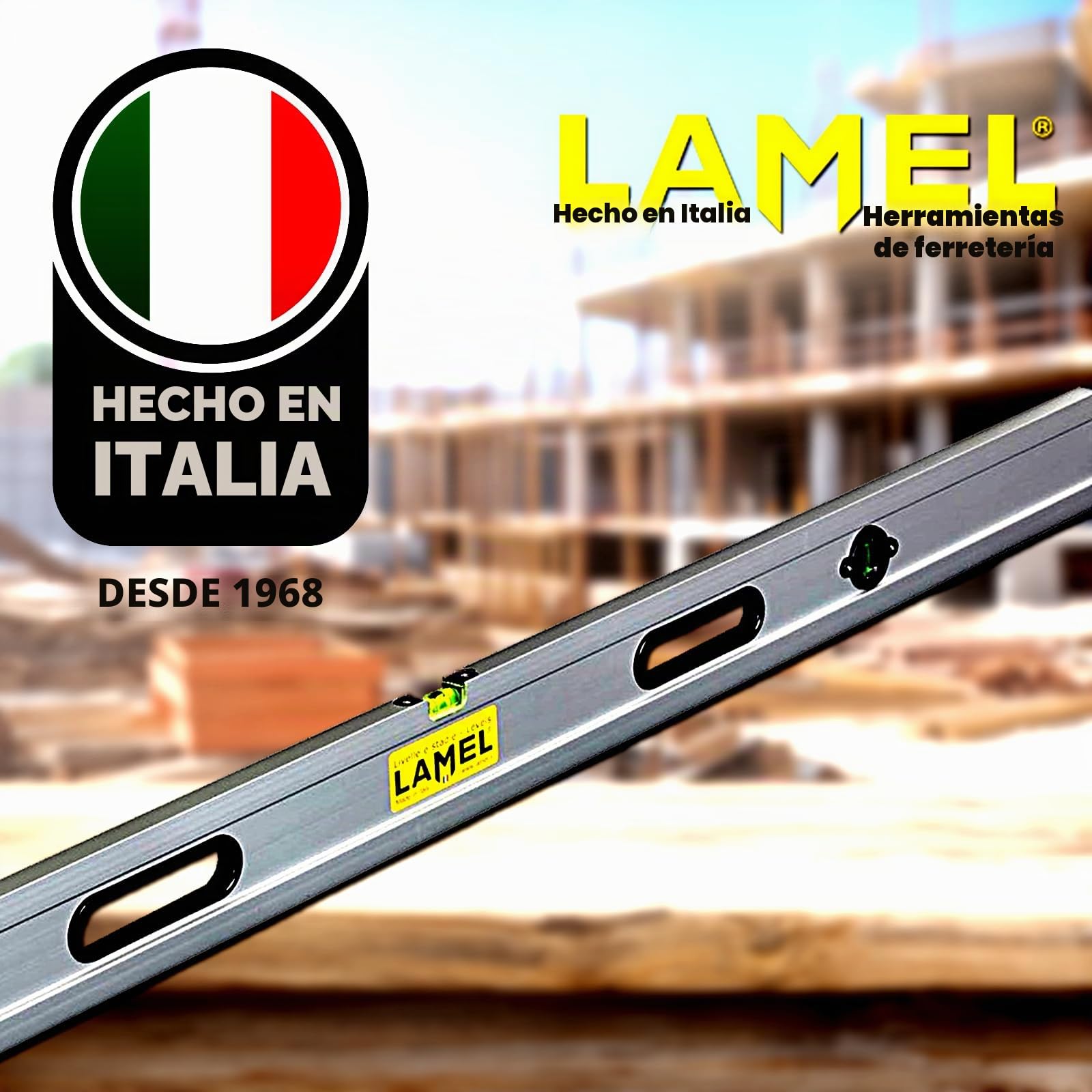 LAMEL Nivel con burbujas y asas, 200 cm, de aluminio anodizado, perfil reforzado.