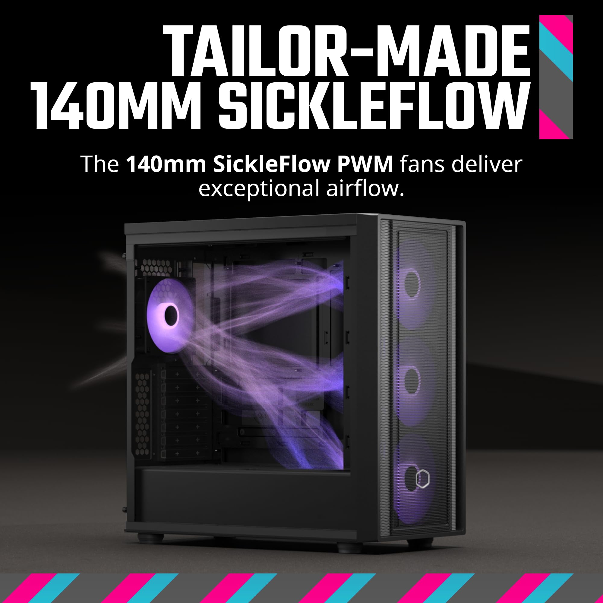 Cooler Master MasterBox 600 ATX Mid-Tower Case, Placa Base retroconectada ASUS|MSI|Gigabyte, 410mm GPU MAX, *420mm AIO MAX, Tipo C, Vidrio Templado, Triple 140mm SickleFlow PWM, FineMesh Airflow