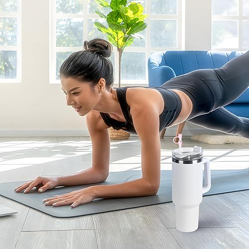 Miniatura 7 de Taza de viaje con aislamiento de acero inoxidable de 40 onzas, con asa, pajilla, bebidas calientes y frías, incluye cepillo adicional y taza de