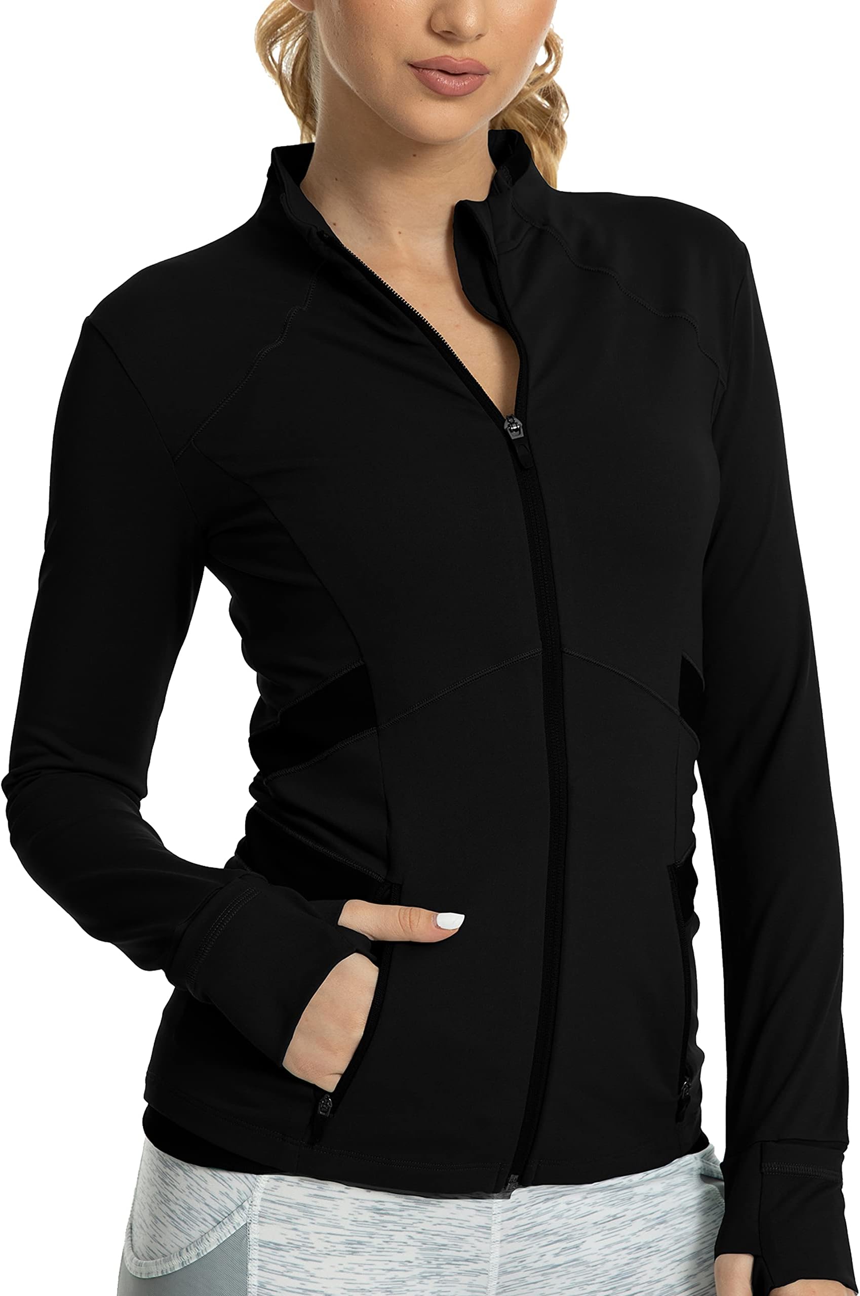 QUEENIEKE Women's Slim Fit Workout Jackets - Zip Up Athletic Running Jacket with Color-blocked Mesh & Thumb Holes