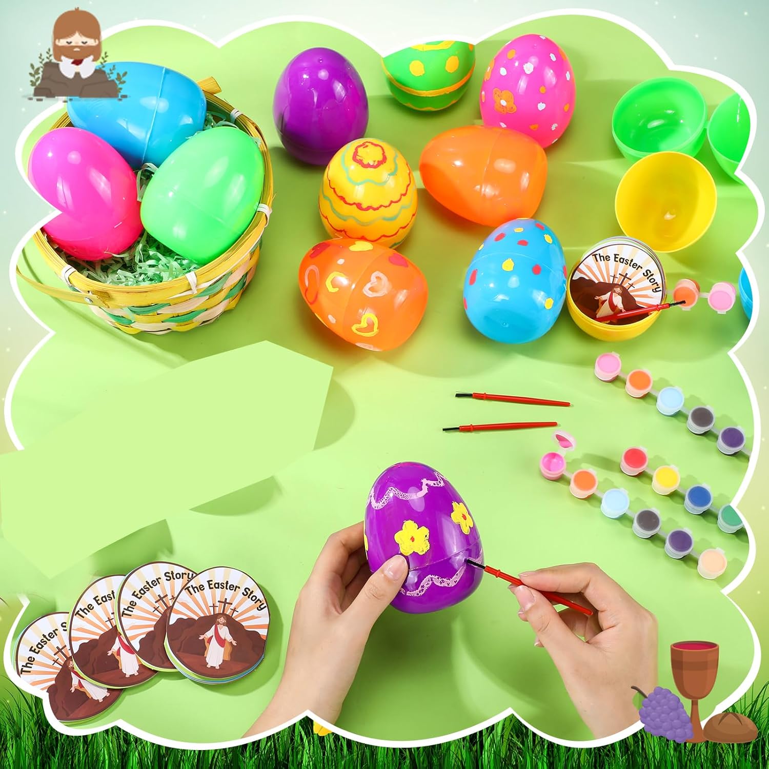 Soulchen 24 Set Resurrection Easter Story Eggs with Religious Easter Story Cards Christian DIY Coloring Craft Painting Kit for Basket Stuffers Holy Week Sunday School Party Favors