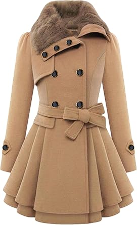Women Faux Fur Collar Lapel Jacket Double Breasted Wool Blend Trench Coat Midi Swing Peacoats with Belt