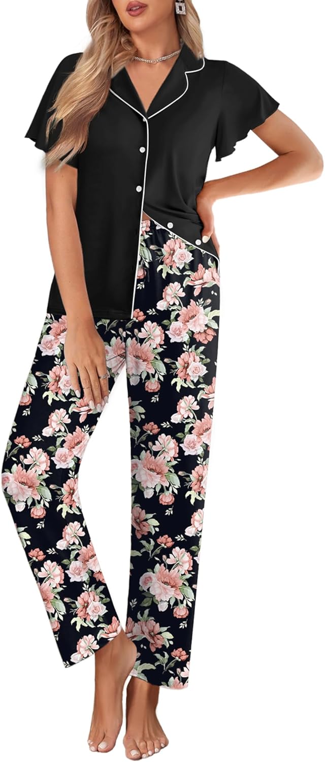 Ekouaer Pajamas for Women Set Button Up Sleepwear Cute Pjs Ruffle Sleeve Notch Collar Loungewear with Long Pants S-XXL