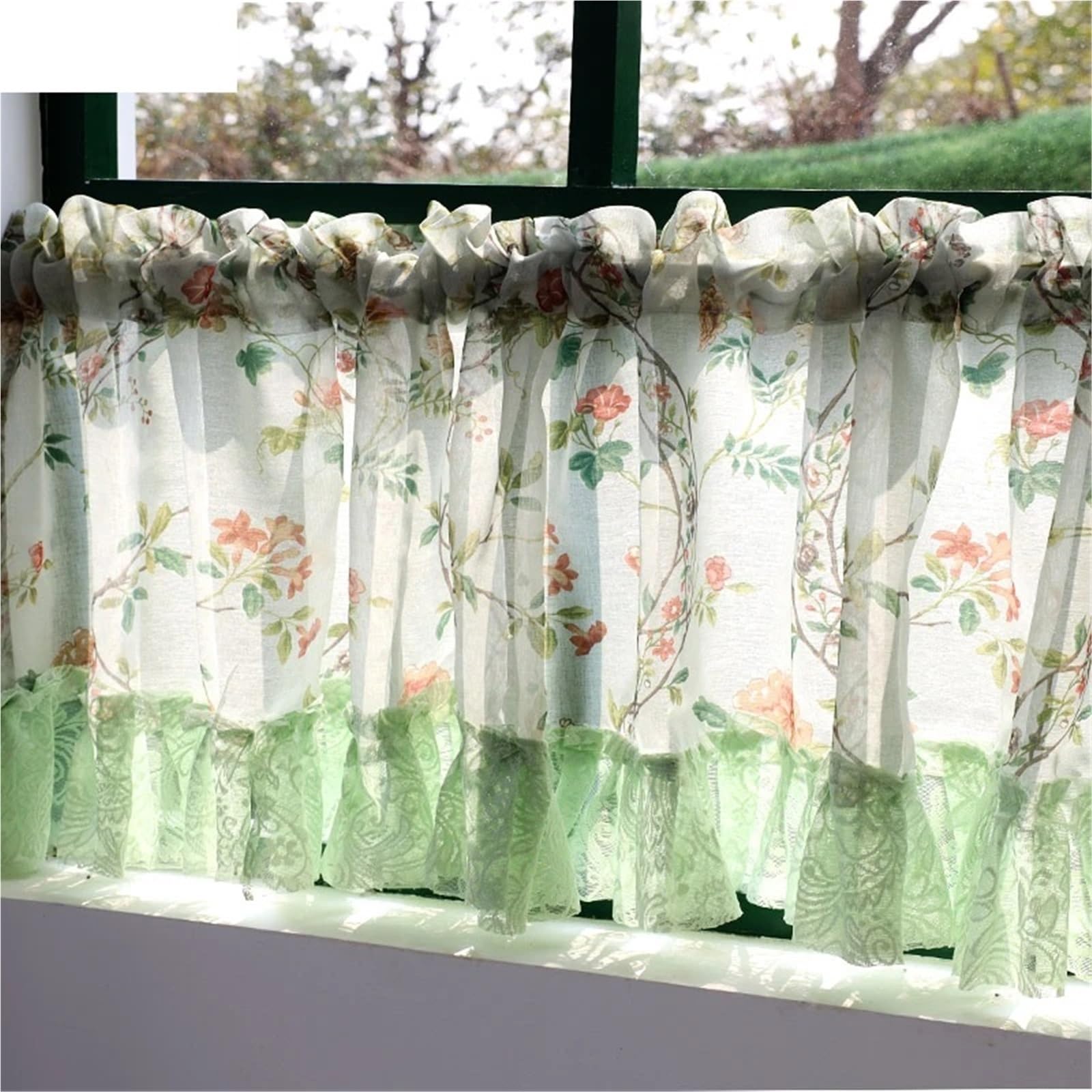 Ländliche Tüll-Halbgardinen mit Blumenmuster for die Küche, Vintage, hellgrüne Blumen, Spitze, kurz für Kleine Fenster(1PC W150XH40CM)